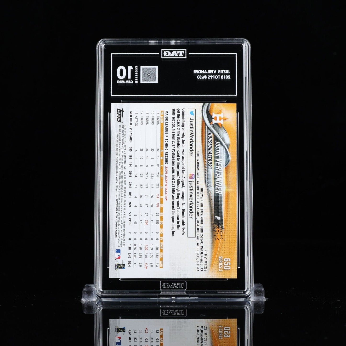 Justin Verlander 2018 Topps #650 MVP Cy Young TAG 10 GEM MINT N3468332 pop 1