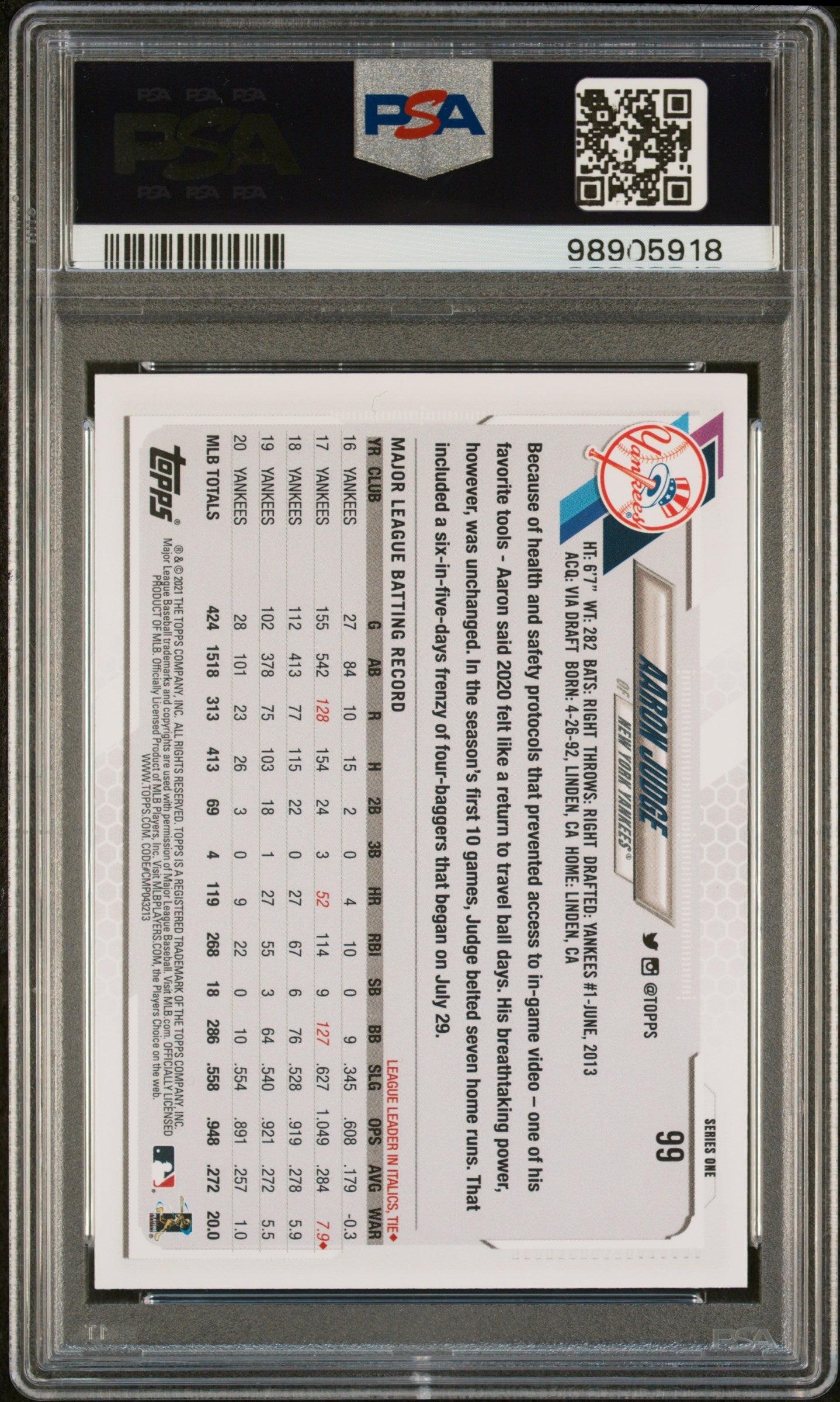 2021 Topps #99a Aaron Judge PSA 9