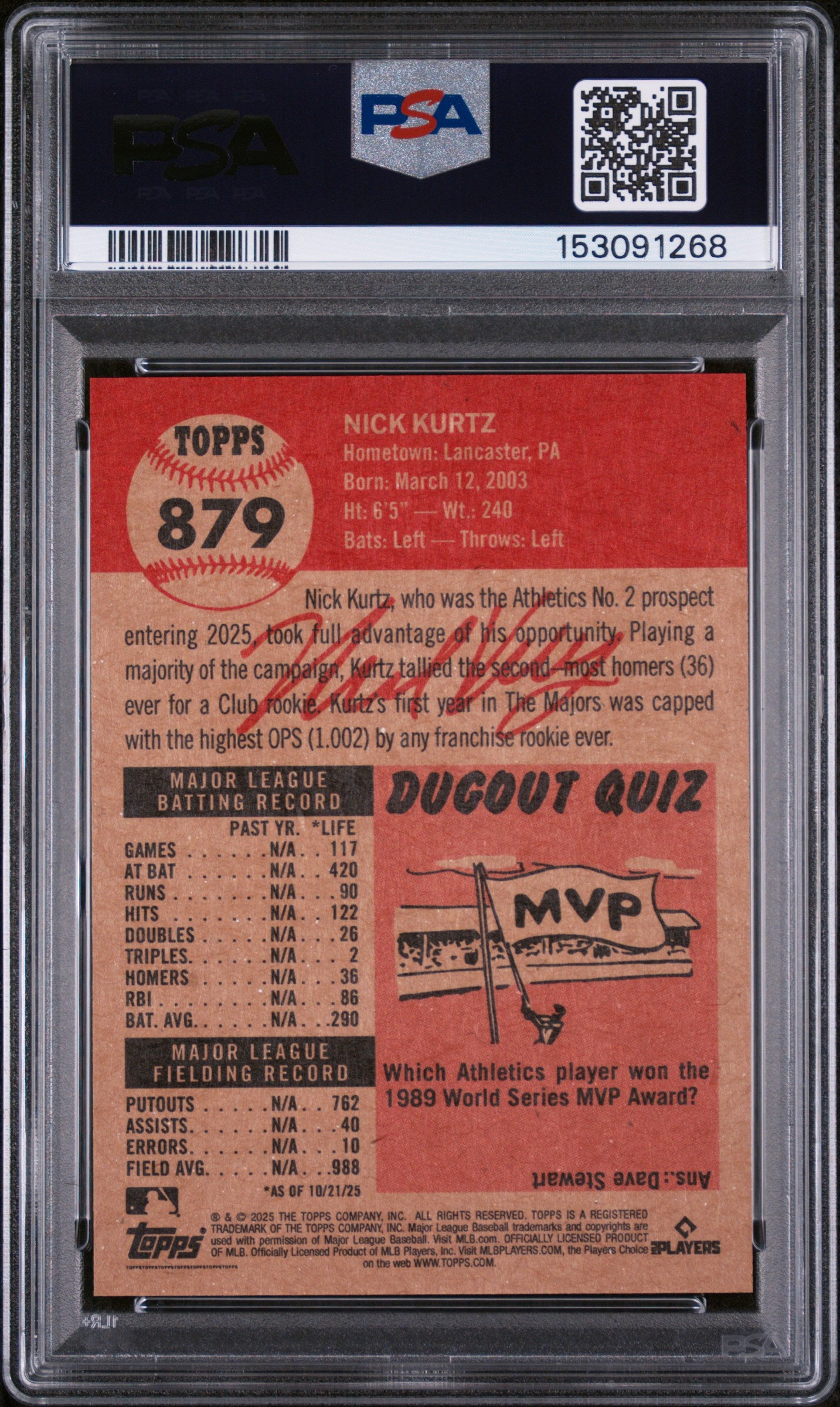 2025 Topps Living #879 Nick Kurtz PSA 9