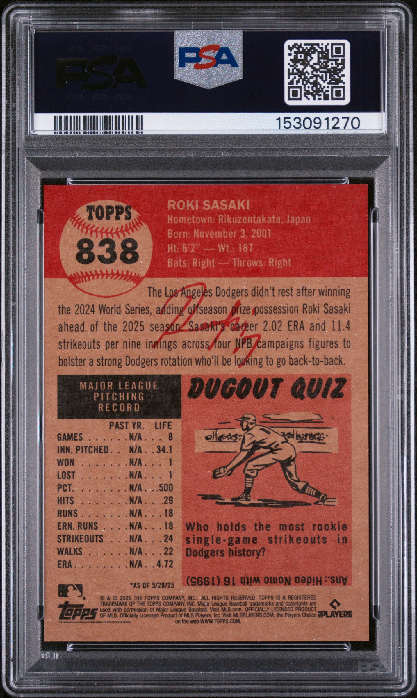2025 Topps Living #838 Roki Sasaki PSA 10