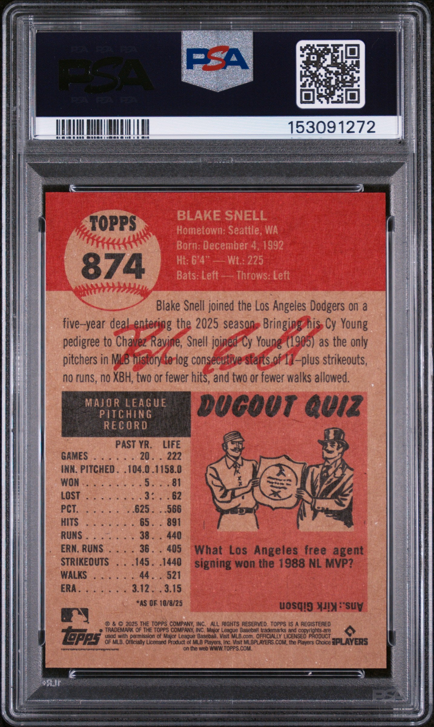 2025 Topps Living #874 Blake Snell PSA 10