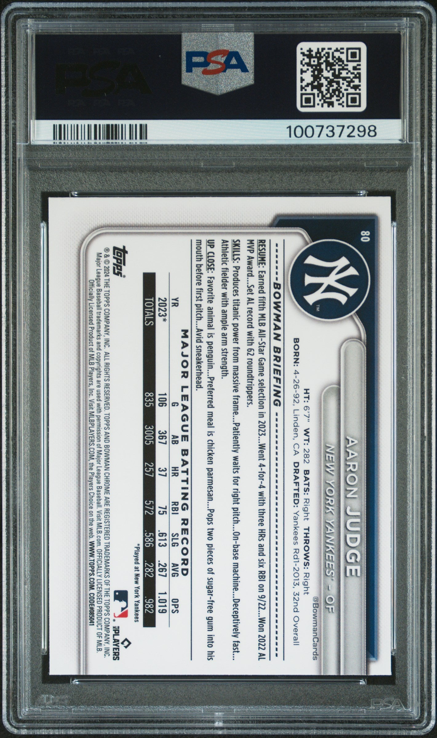 Aaron Judge 2024 Bowman Chrome #80 PSA 9