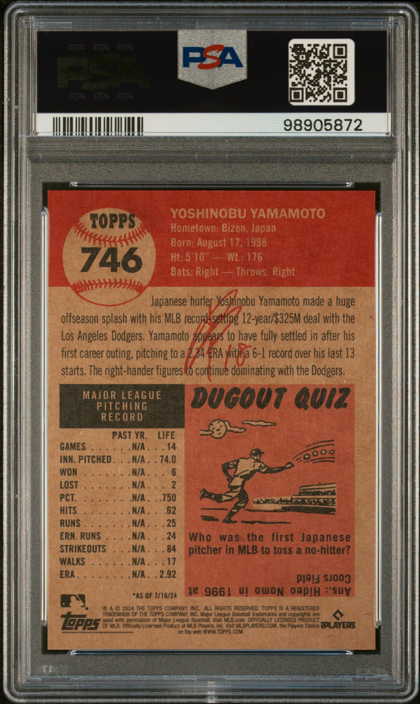 Yoshinobu Yamamoto 2024 Topps Living #746 Rookie PSA 10