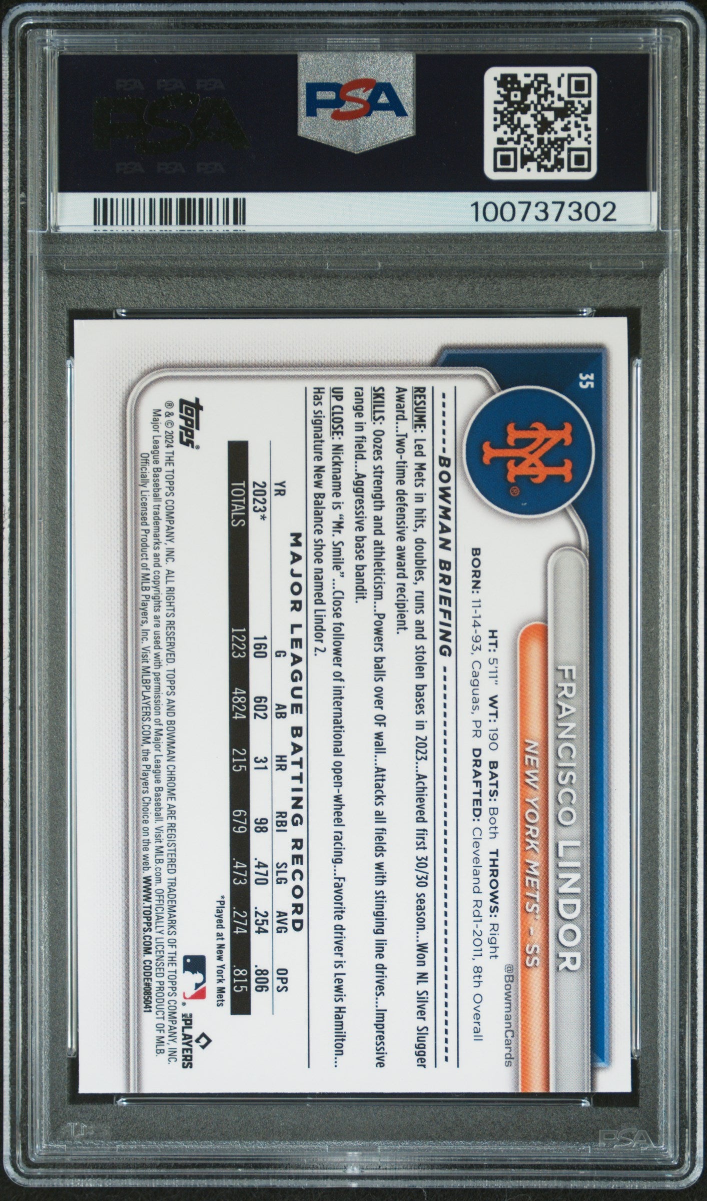 Francisco Lindor 2024 Bowman Chrome #35 PSA 9