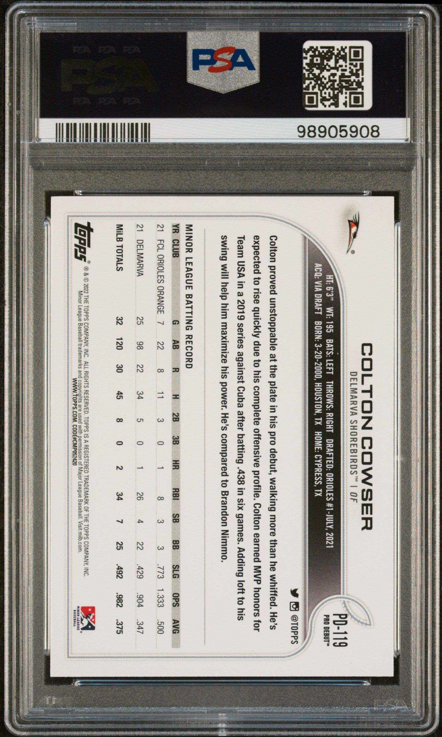 Colton Cowser 2022 Topps Pro Debut #PD119 Rookie PSA 10