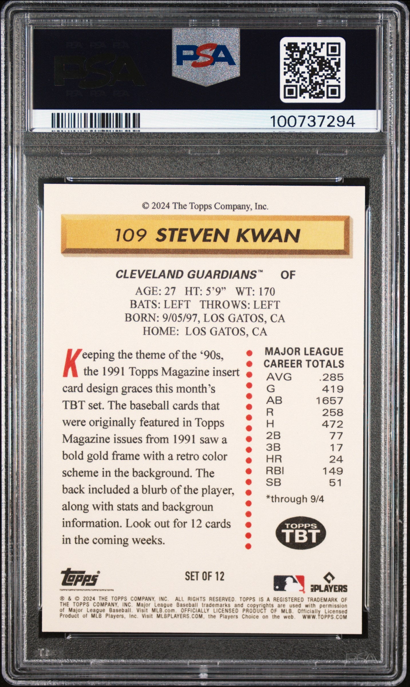 Steven Kwan 2024 Topps Throwback Thursday #109 PSA 9