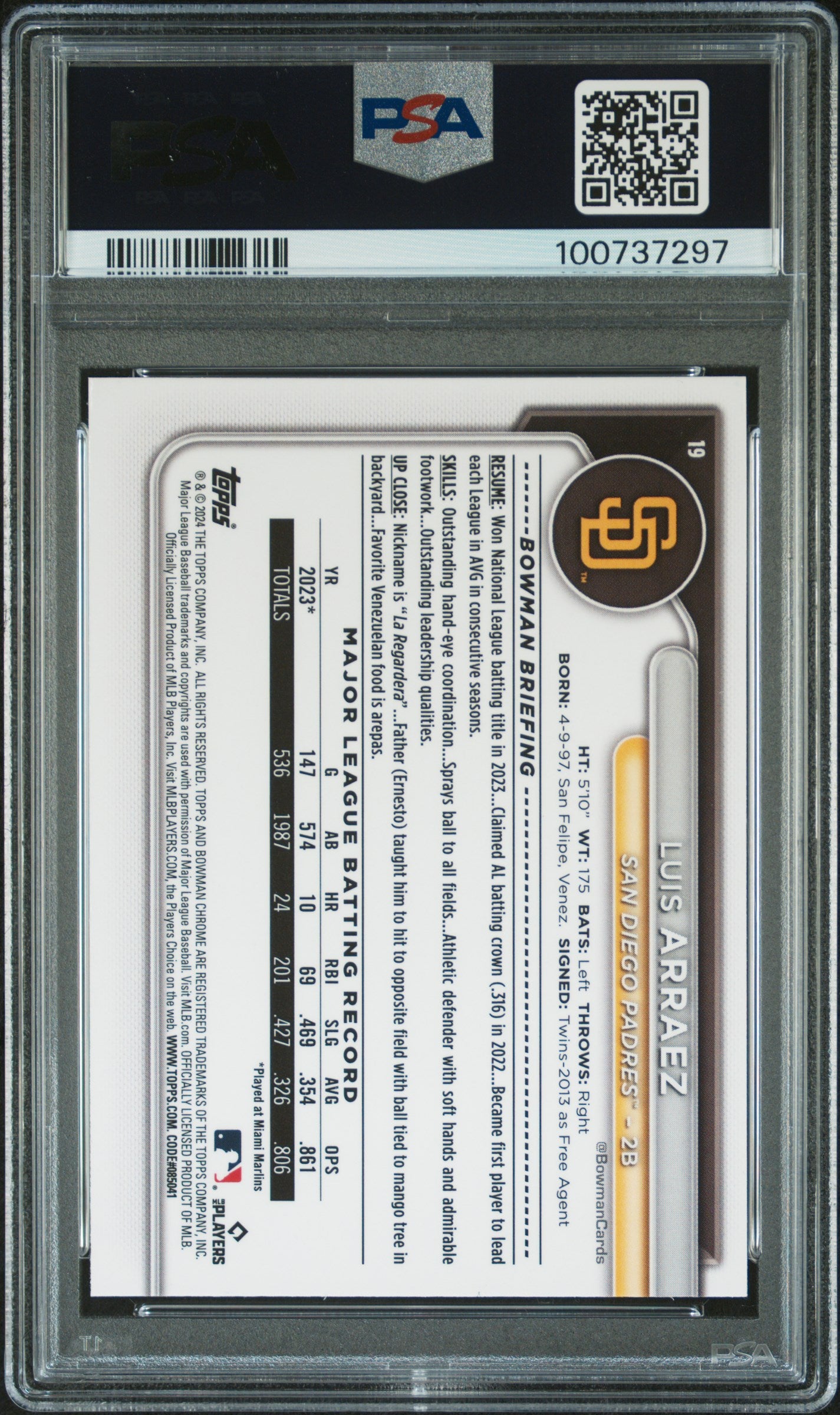 Luis Arraez 2024 Bowman Chrome #19 PSA 10