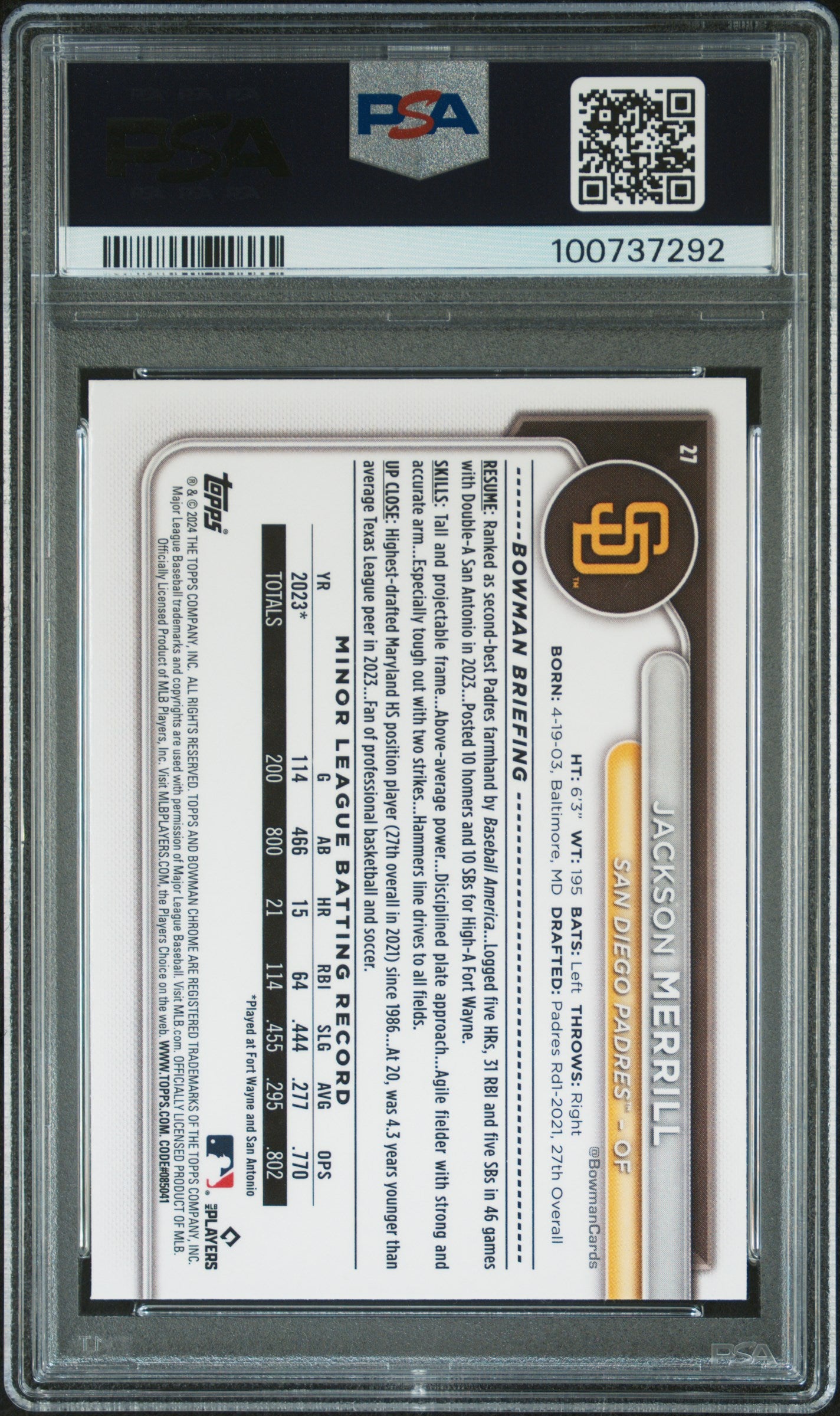 Jackson Merrill 2024 Bowman Chrome #27 PSA 9