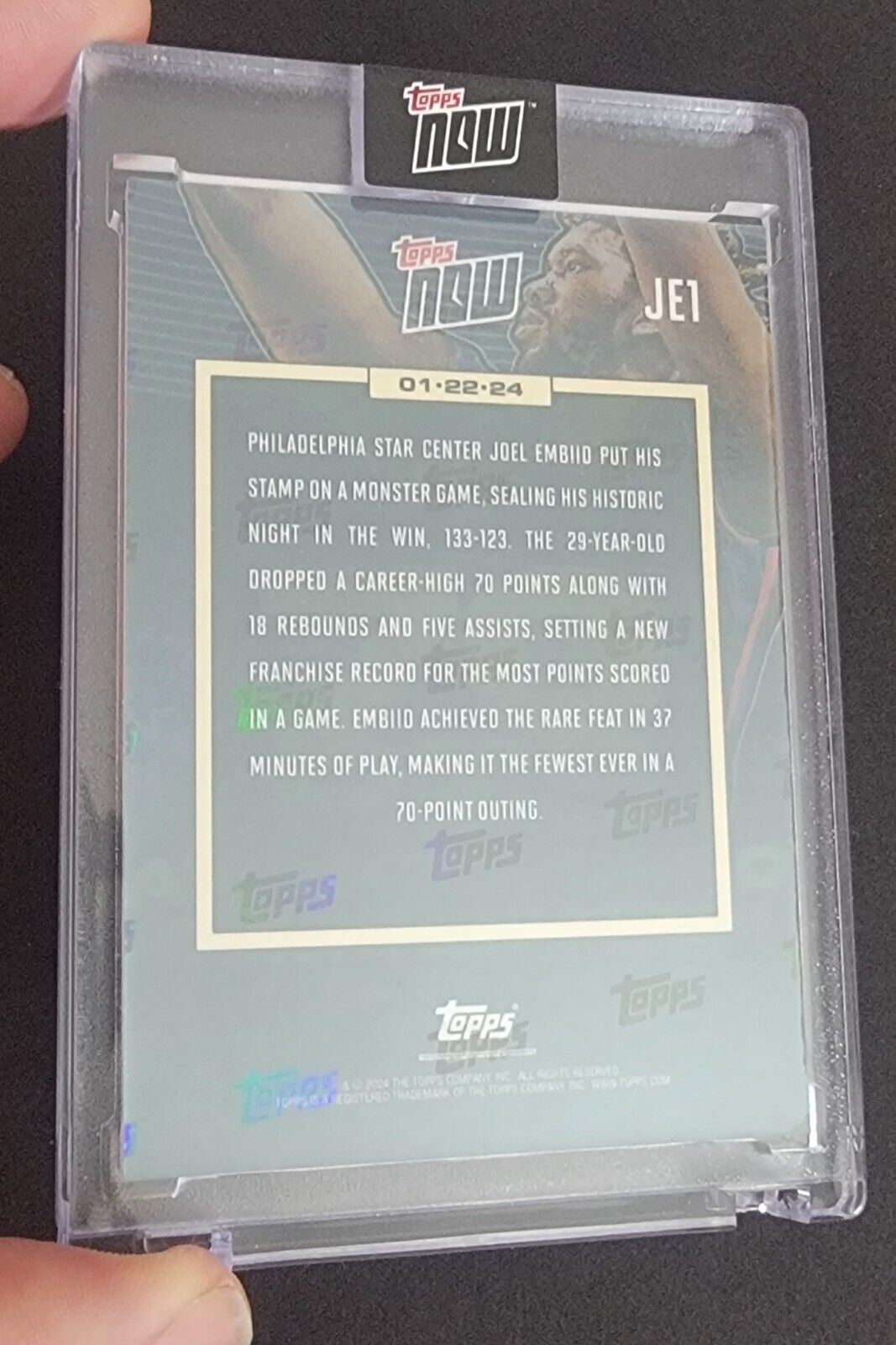 2024 TOPPS NOW - Joel Embiid MVP - 70 point game - JE1 Jan 22 2024 event