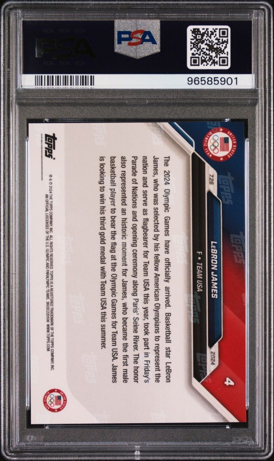 2024 Topps Now Olympic Games #4 Lebron James USA PSA 10 GEM MINT MVP