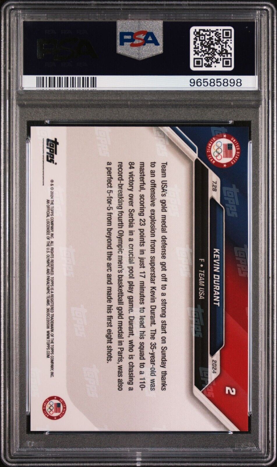 Kevin Durant 2024 Topps Now Olympic Games #2 MVP PSA 10 GEM MINT 96585897