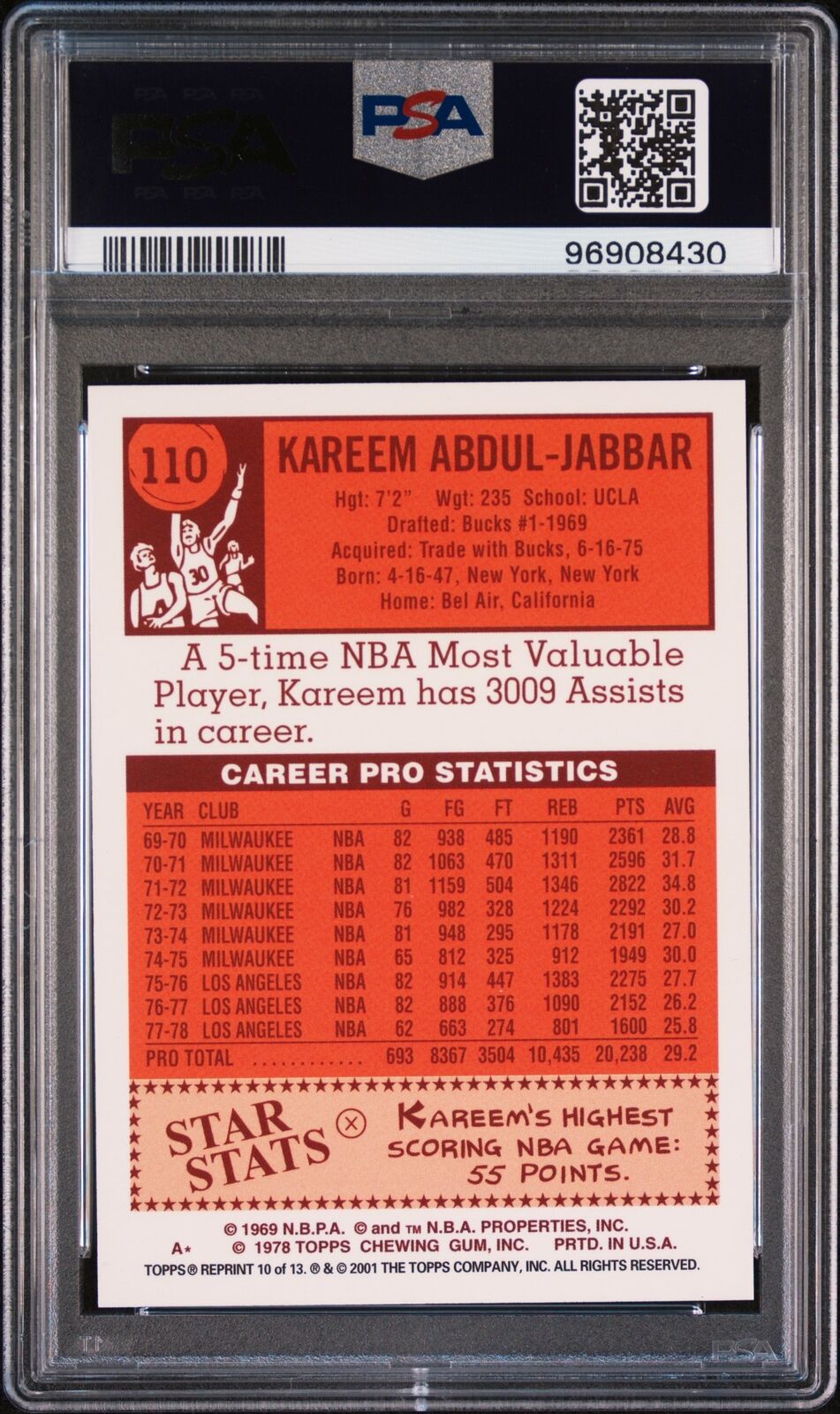 2001-02 Topps #10 Kareem Abdul-Jabbar Commemorative Series PSA 8