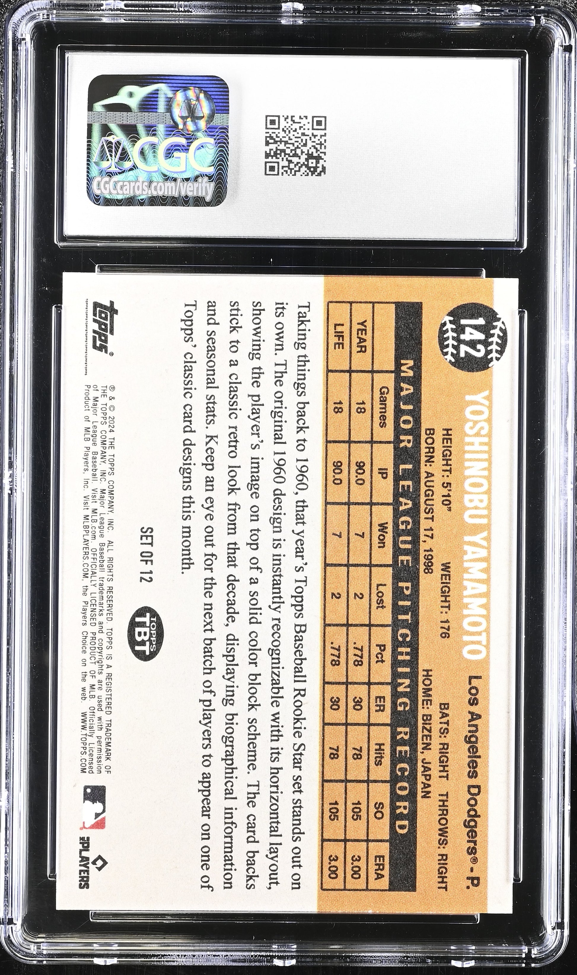 2024 Topps Throwback Thursday #142 Yoshinobu Yamamoto CGC 9