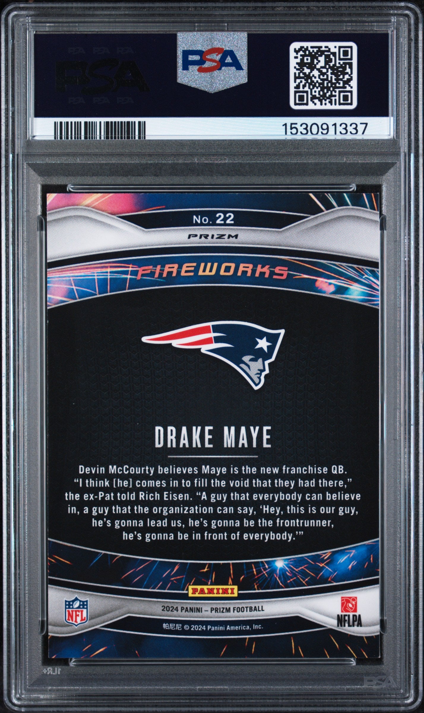 2024 Panini Prizm #22 Drake Maye Fireworks Green Wave Prizm PSA 9
