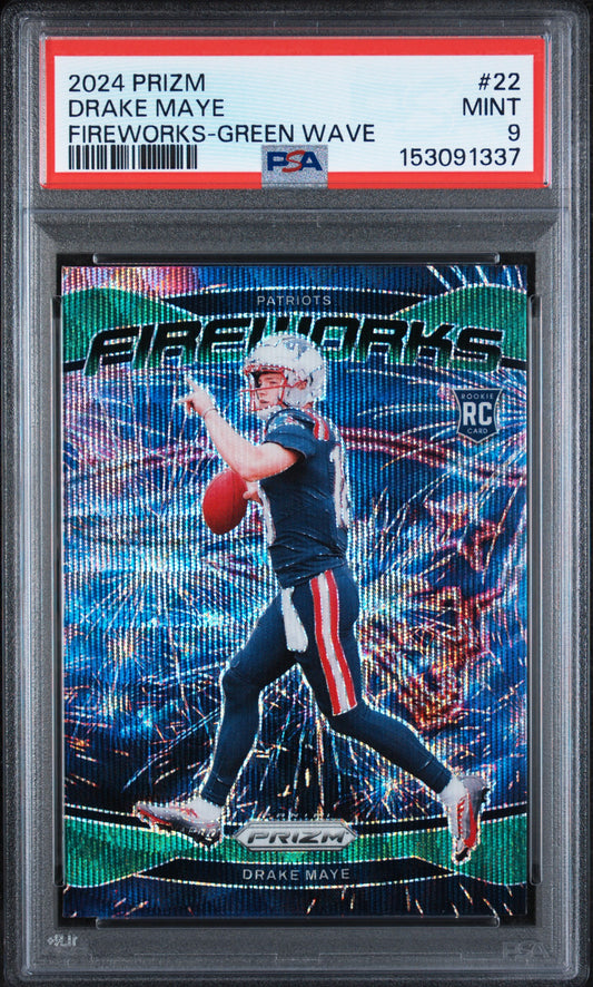 2024 Panini Prizm #22 Drake Maye Fireworks Green Wave Prizm PSA 9