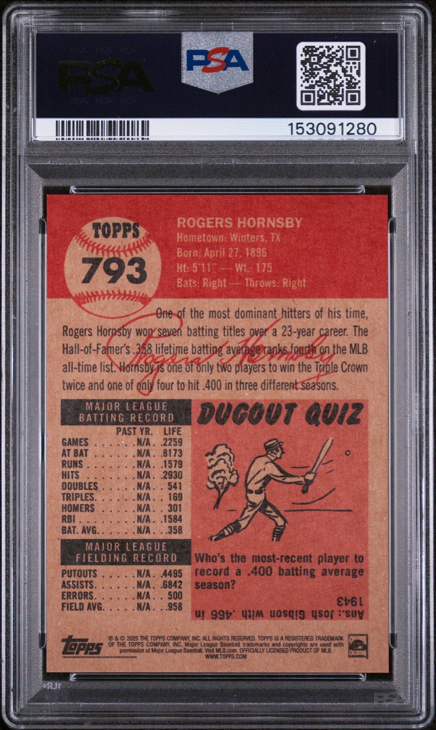 2025 Topps Living #793 Rogers Hornsby PSA 10