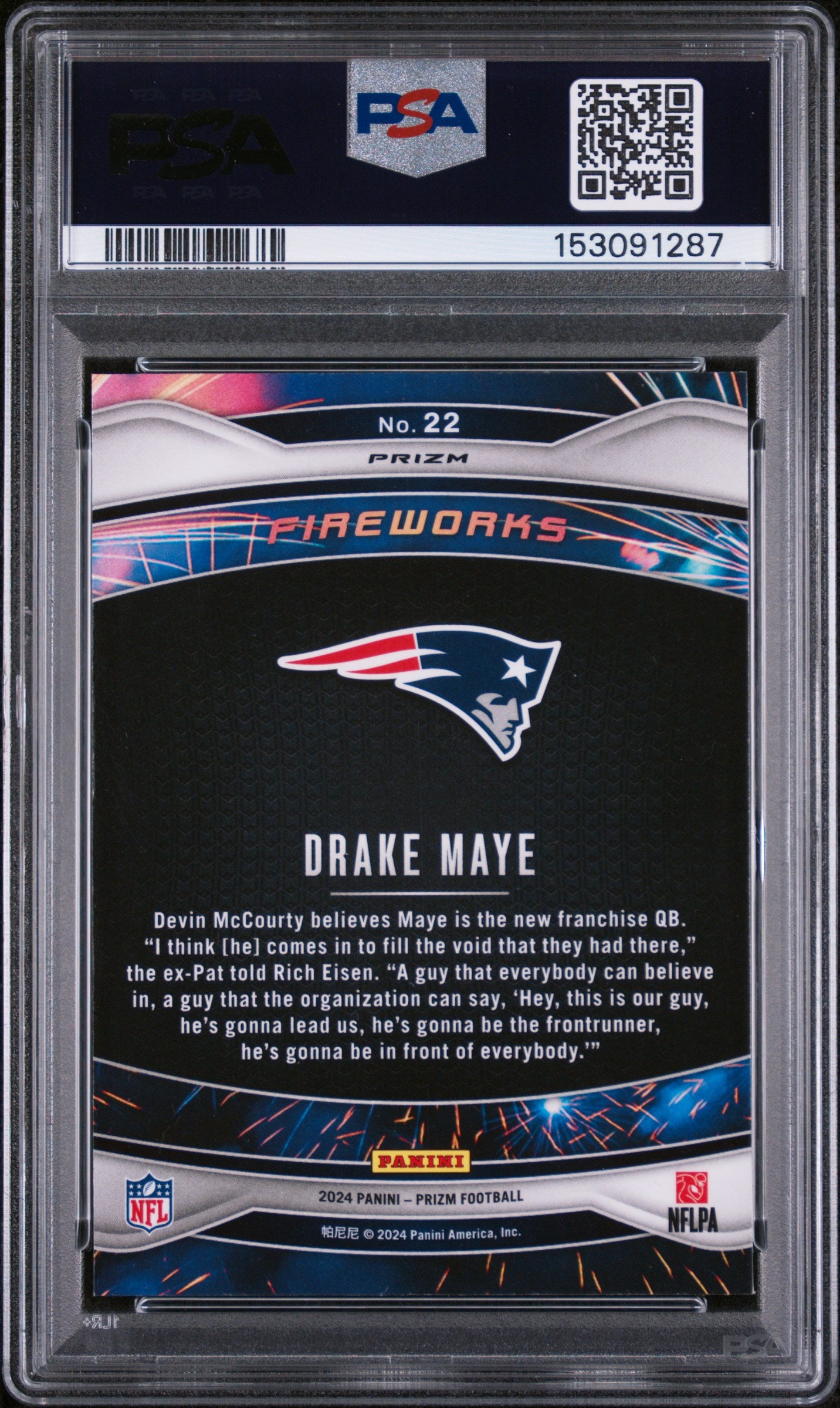 2024 Panini Prizm #22 Drake Maye Fireworks Green Prizm PSA 9