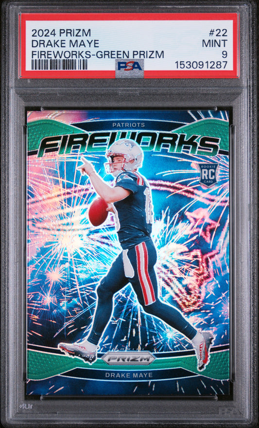 2024 Panini Prizm #22 Drake Maye Fireworks Green Prizm PSA 9