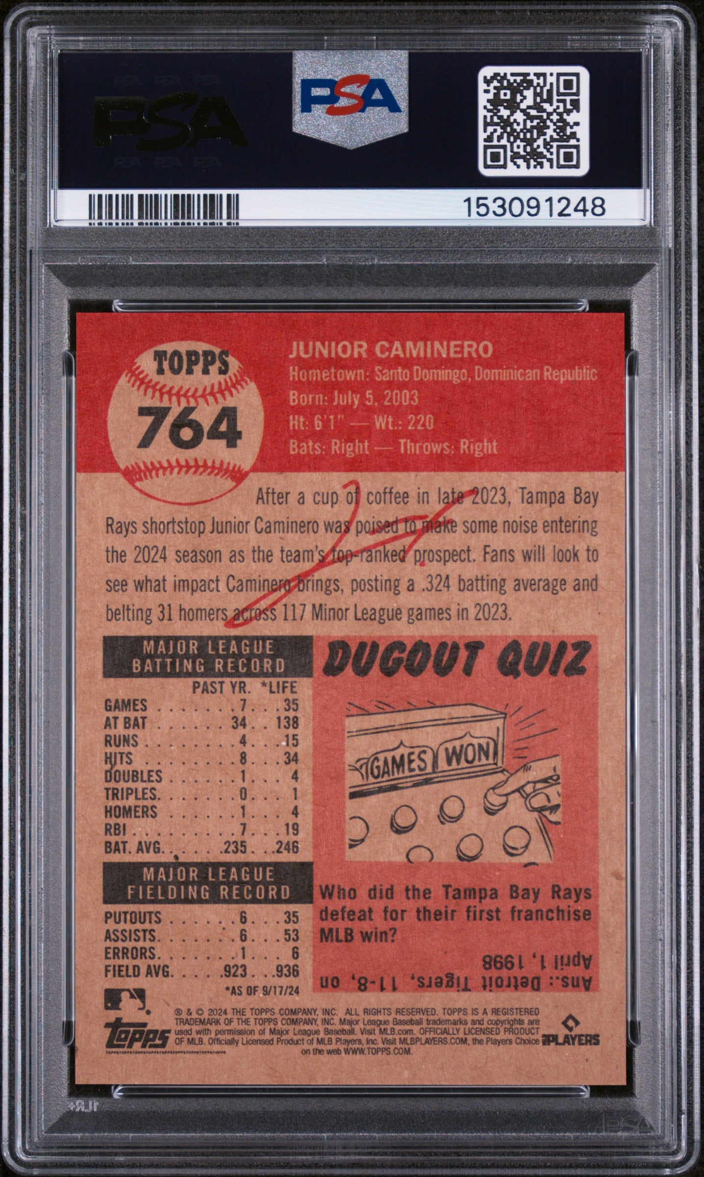 2024 Topps Living #764 Junior Caminero PSA 9