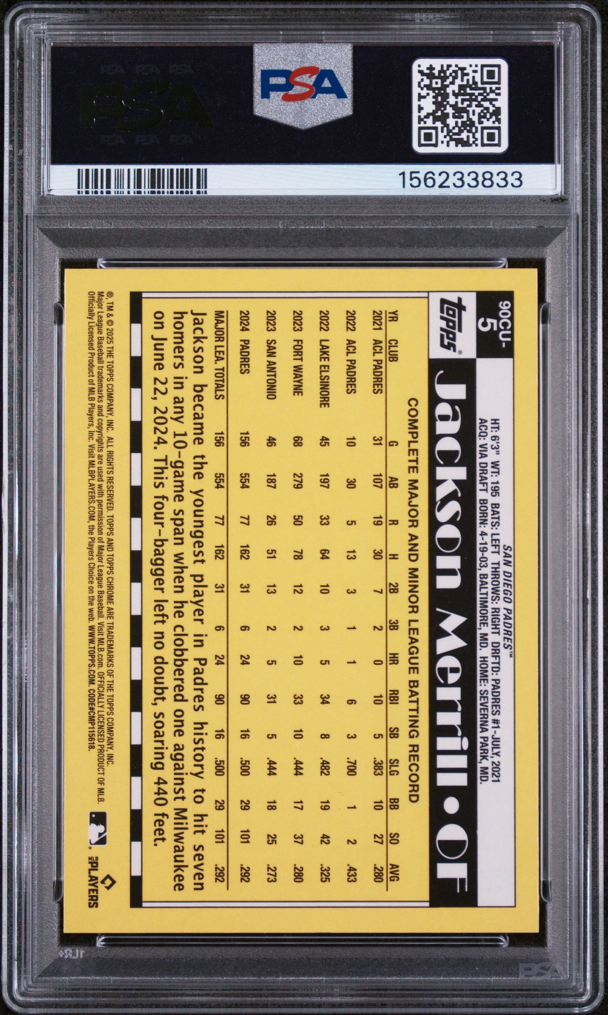2025 Topps Chrome Update #90CU-5 Jackson Merrill 1990 Topps PSA 10