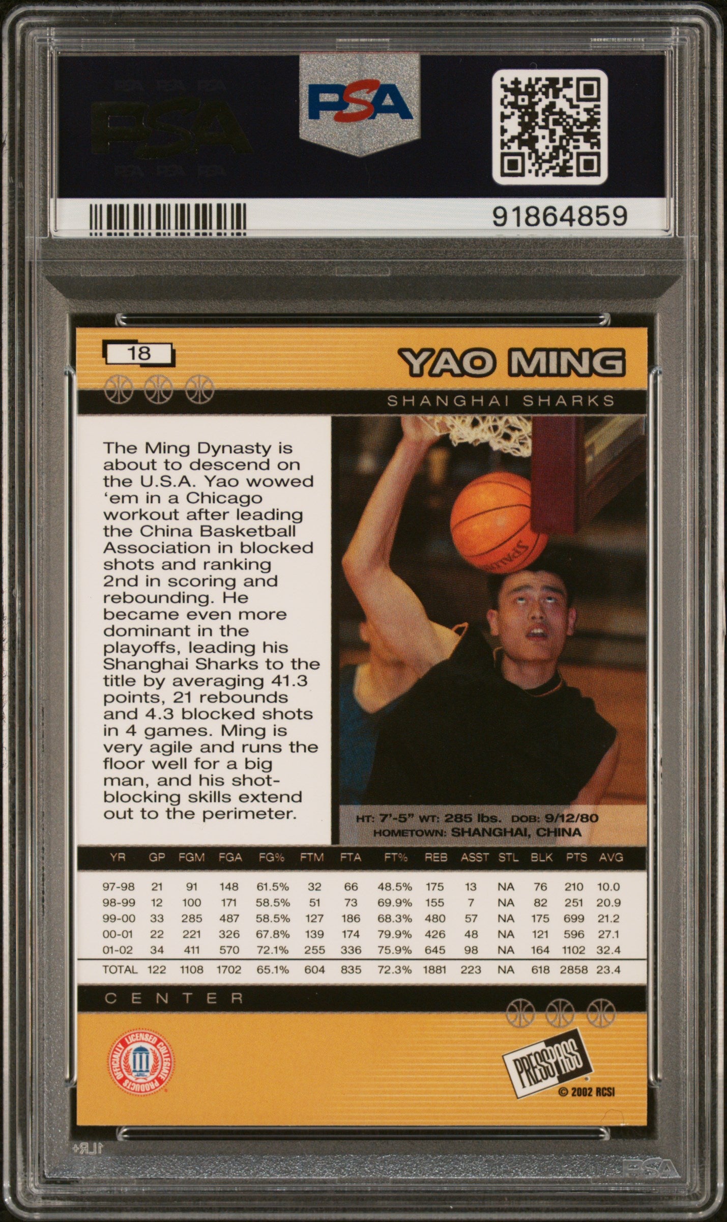 2002 Press Pass #18 Yao Ming PSA 7