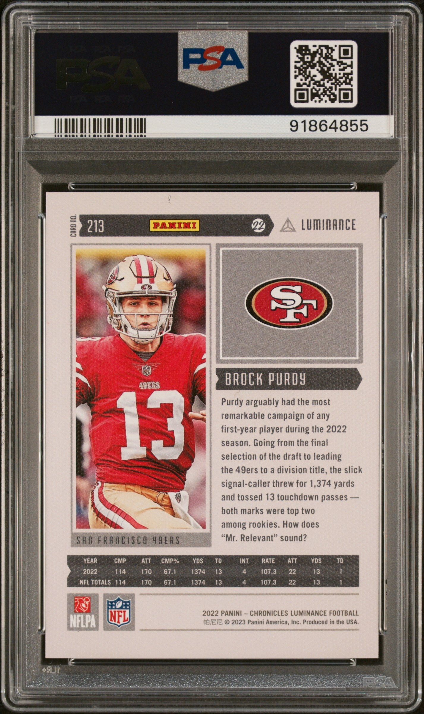 2022 Panini Chronicles #213 Brock Purdy Luminance Update Rookies PSA 10