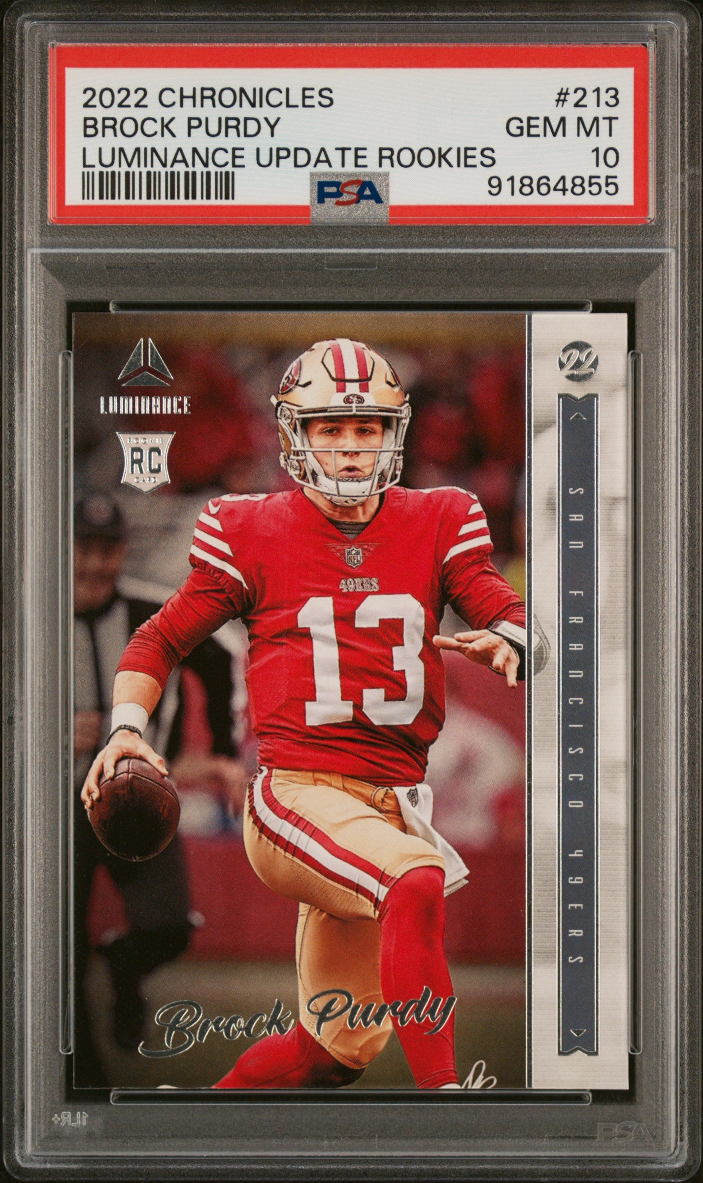 2022 Panini Chronicles #213 Brock Purdy Luminance Update Rookies PSA 10