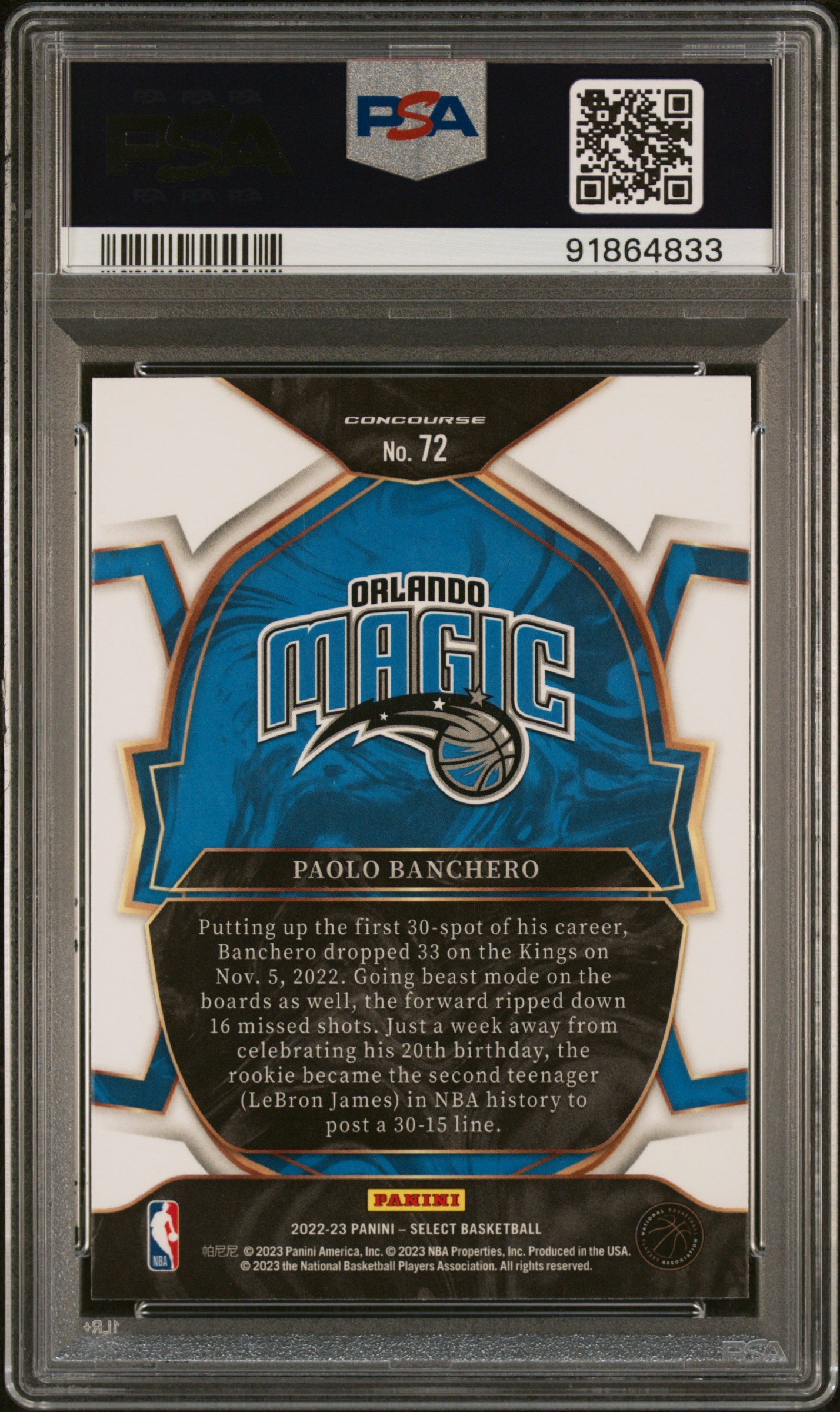 2022-23 Panini Select #72 Paolo Banchero Blue (Retail Base) PSA 9