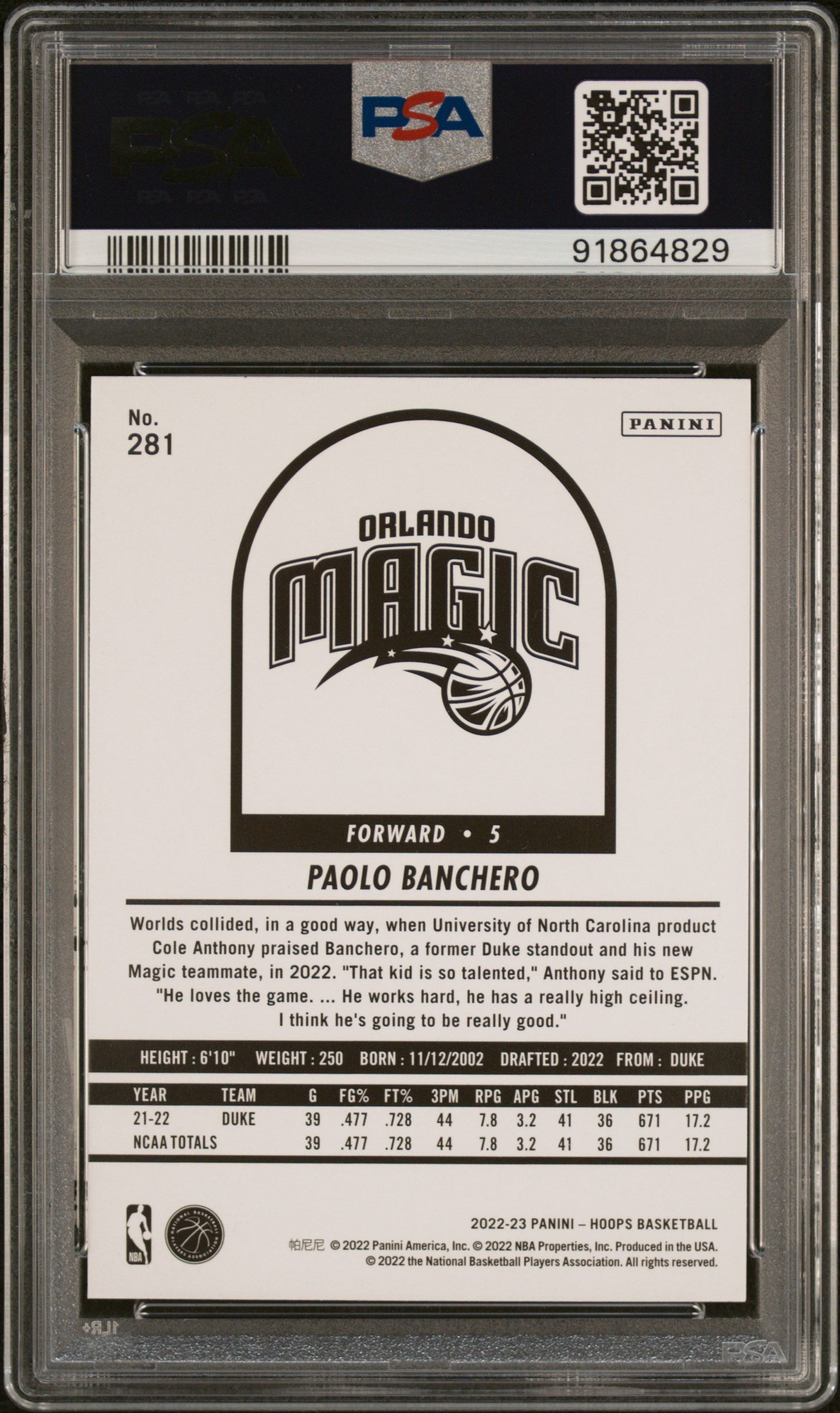 2022-23 Hoops #281 Paolo Banchero Teal Explosion PSA 9