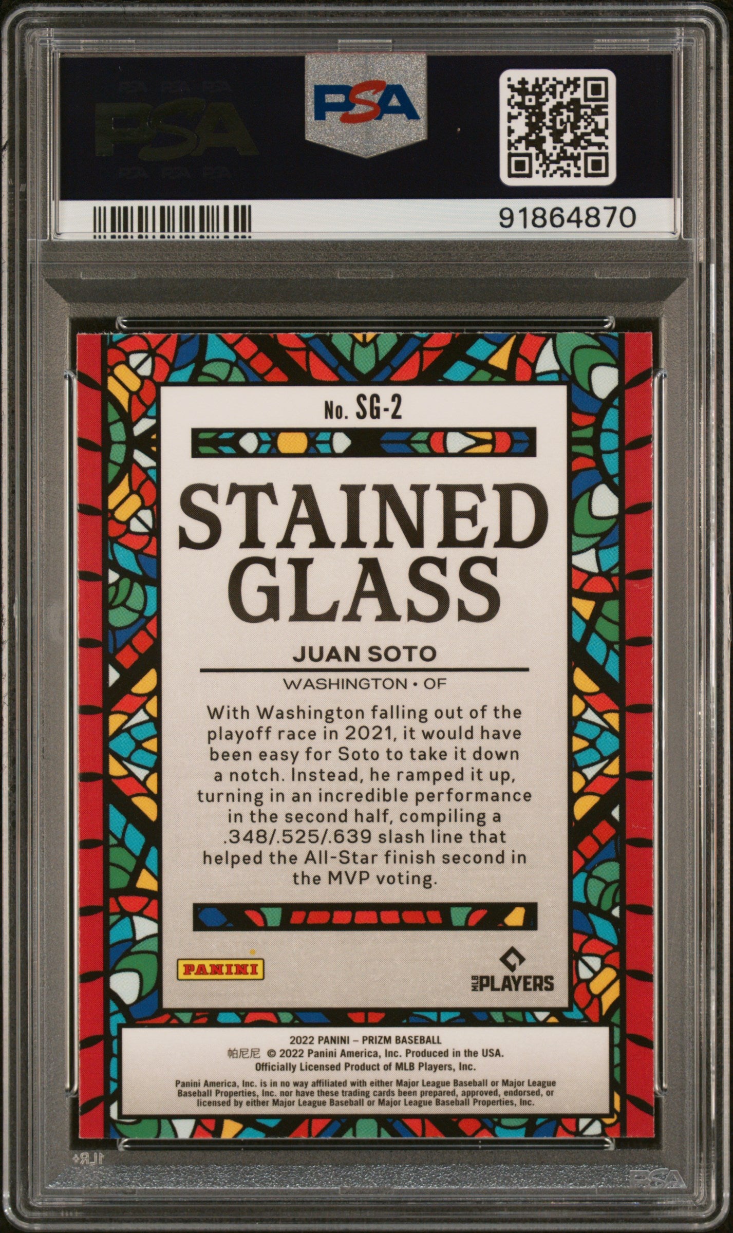 2022 Panini Prizm #SG-2 Juan Soto Stained Glass Silver Prizm PSA 9