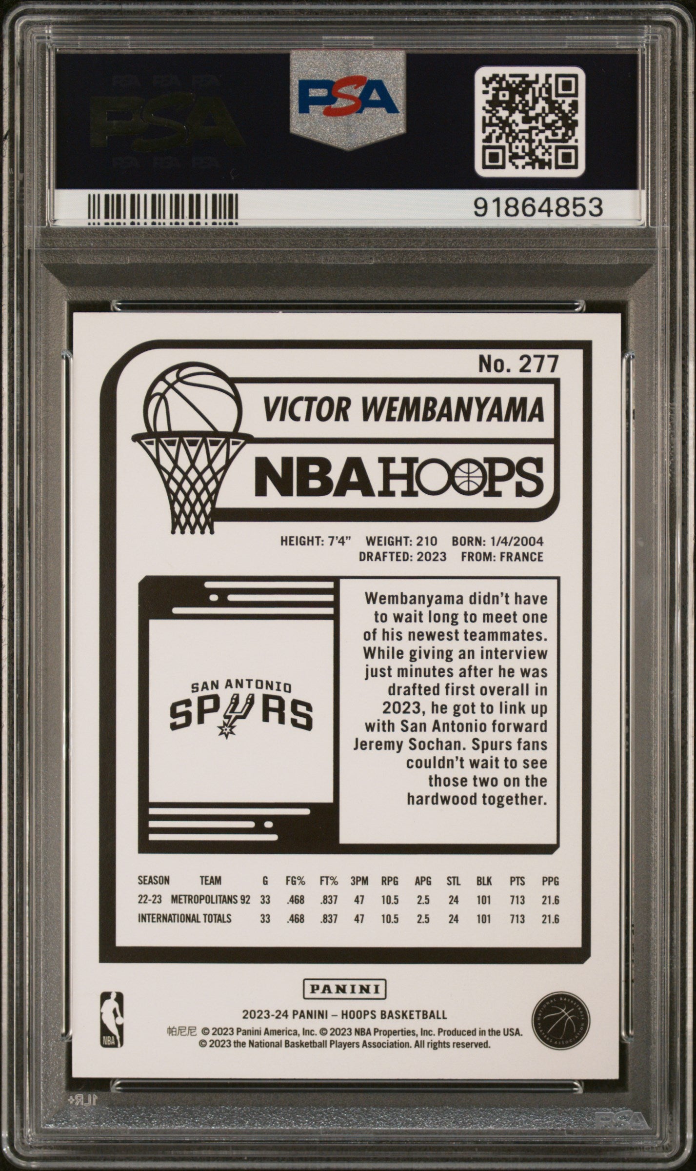 2023-24 Hoops #277 Victor Wembanyama PSA 10