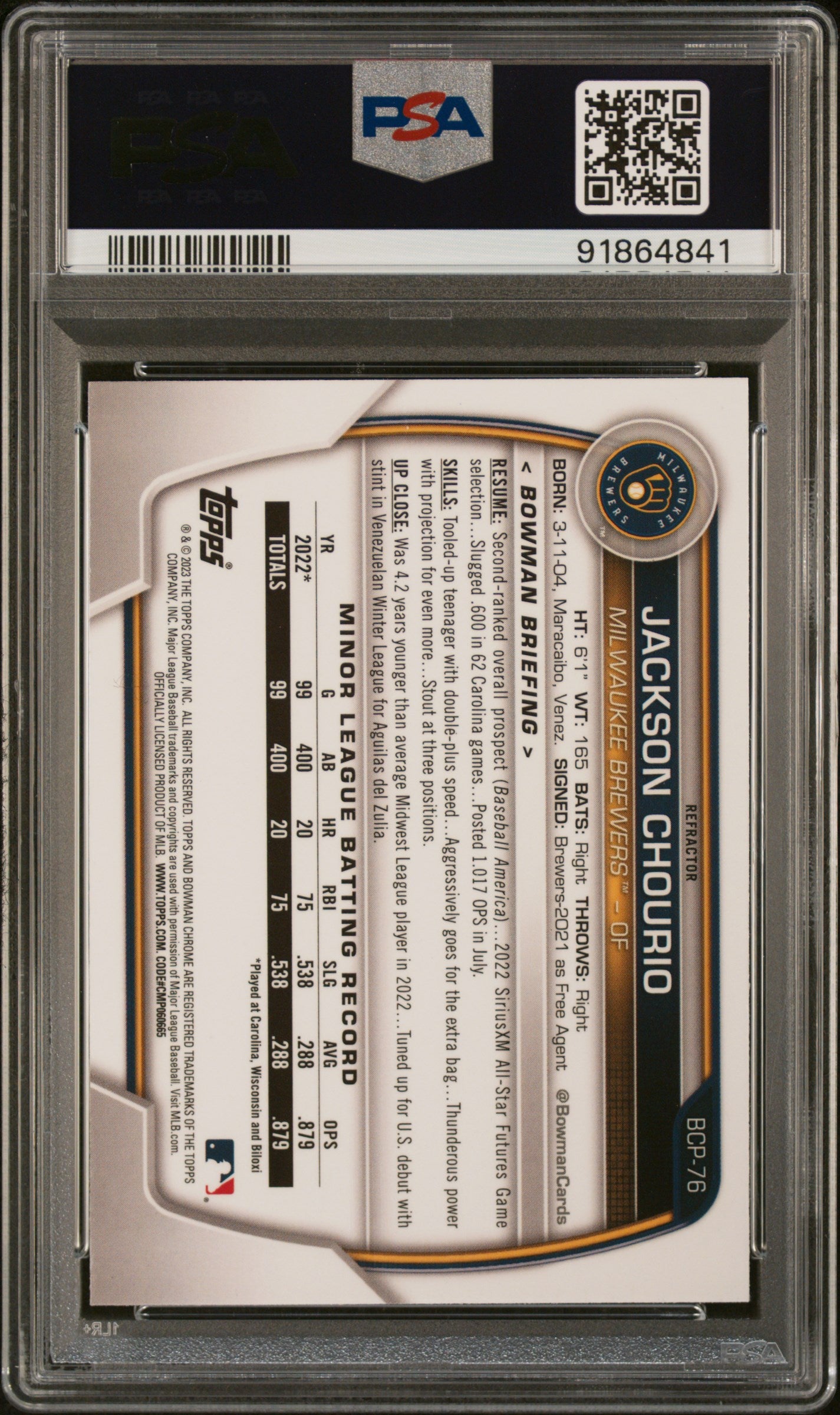 2023 Bowman Chrome #BCP76 Jackson Chourio Lunar Glow PSA 10