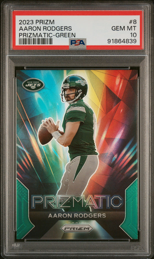 2023 Panini Prizm #8 Aaron Rodgers Prizmatic Prizms Green PSA 10