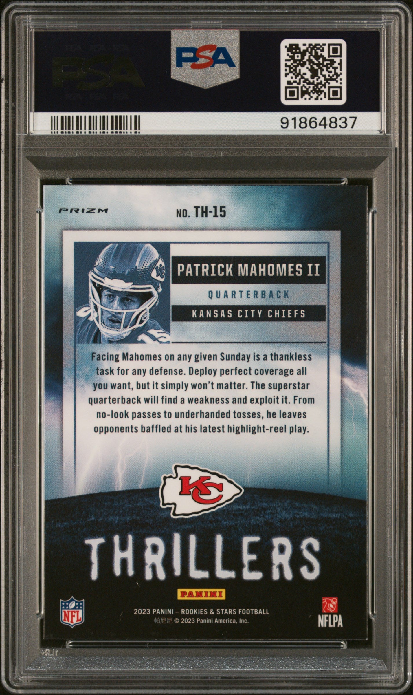 2023 Panini Rookies & Stars #TH-15 Patrick Mahomes II Thrillers Silver PSA 9