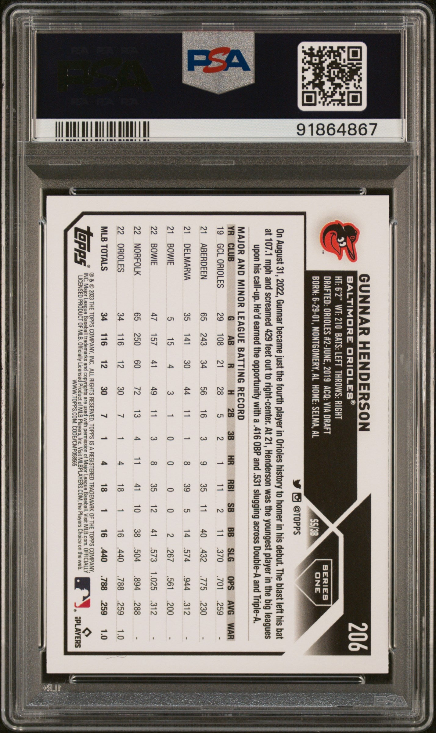 2023 Topps #206 Gunnar Henderson PSA 10