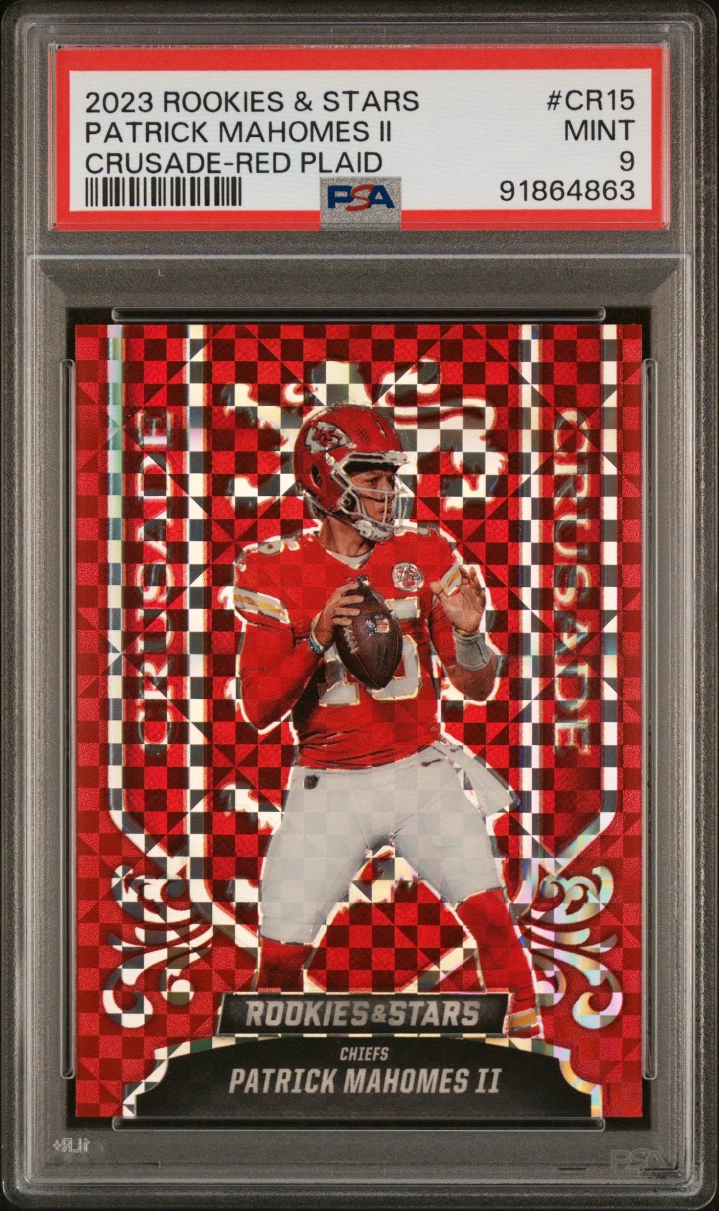 2023 Panini Rookies & Stars #CR-15 Patrick Mahomes II Crusade Red Plaid PSA 9