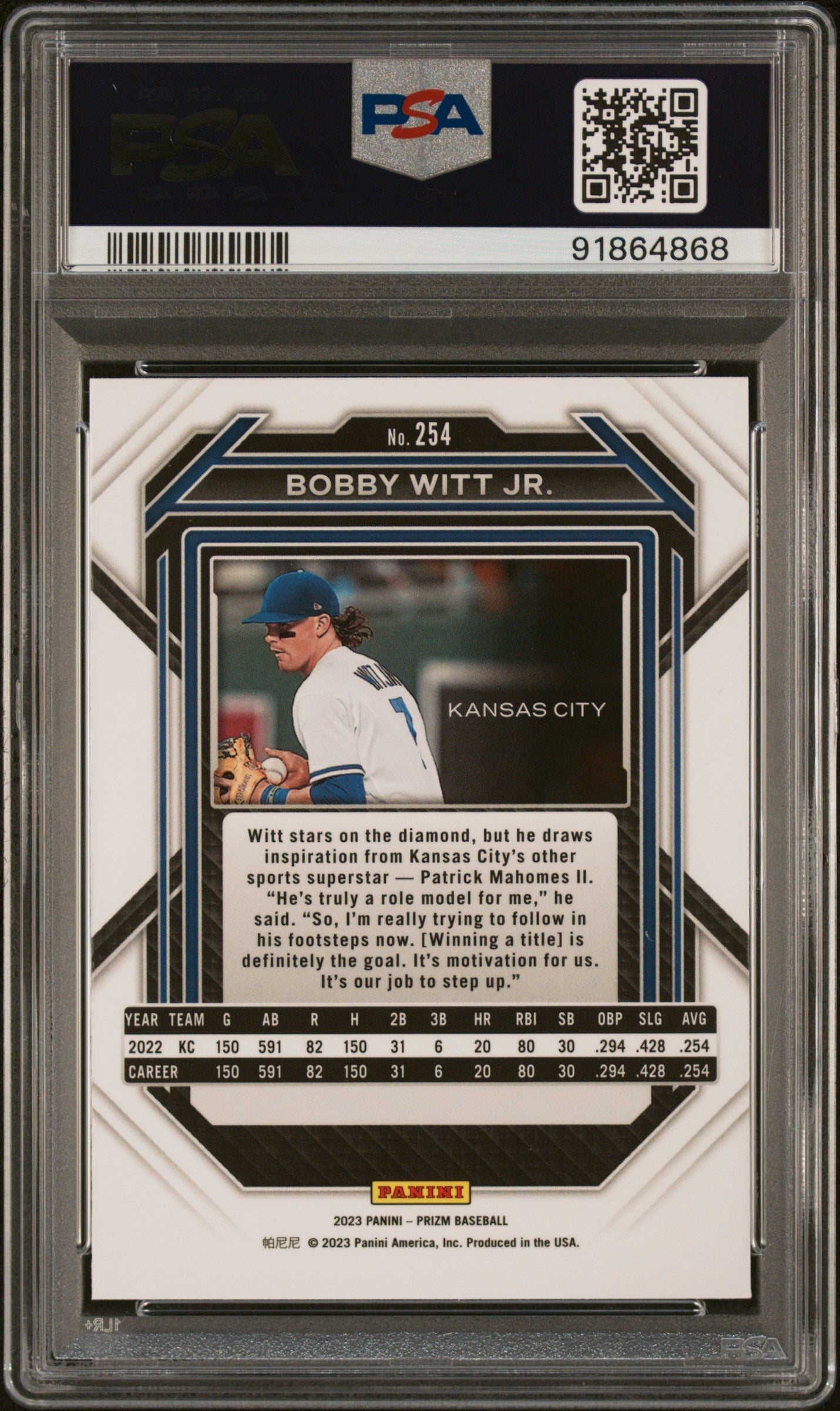 2023 Panini Prizm #254 Bobby Witt Jr. PSA 10