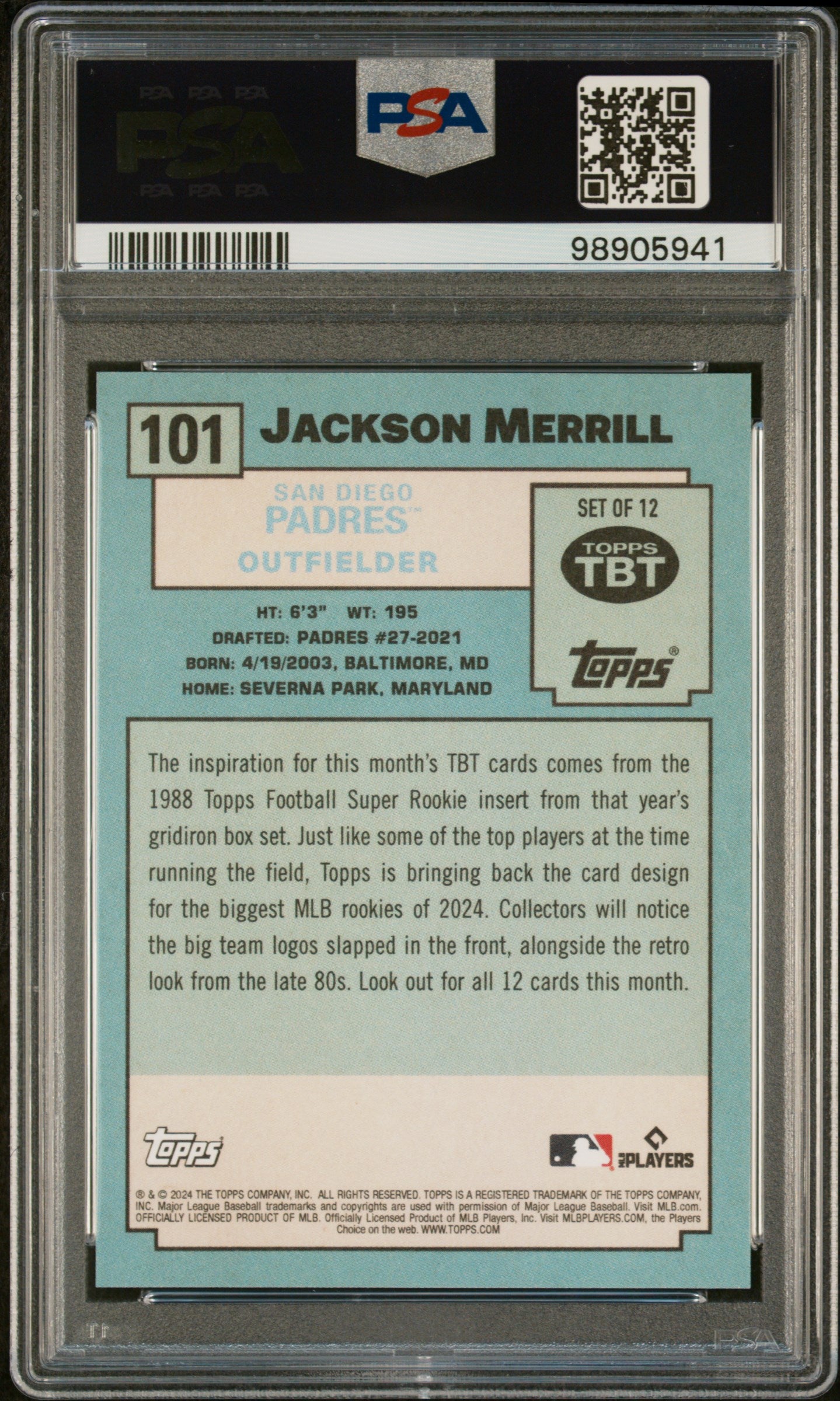 Jackson Merrill 2024 Topps Throwback Thursday #101 PSA 9