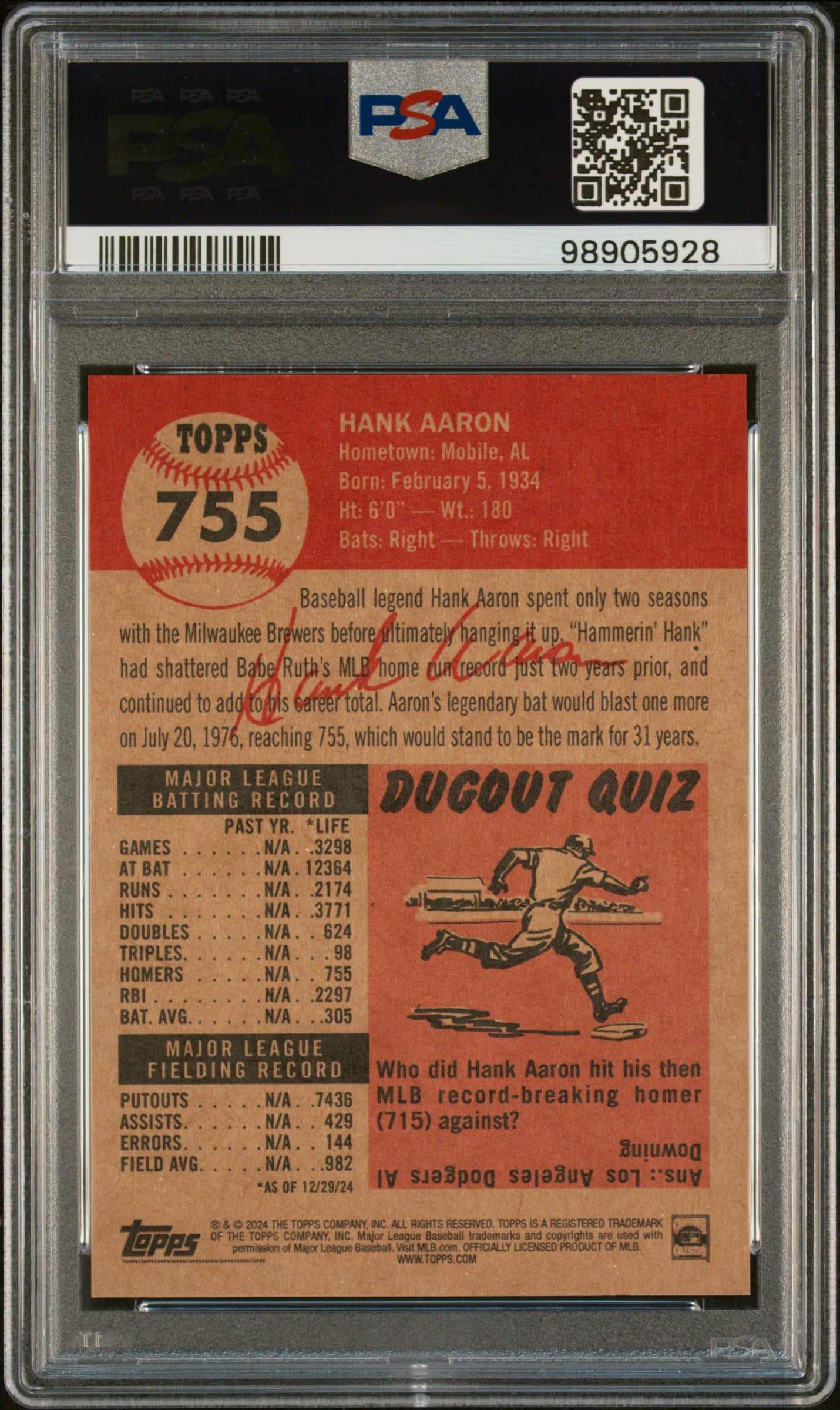 Hank Aaron 2024 Topps Living #755 PSA 9