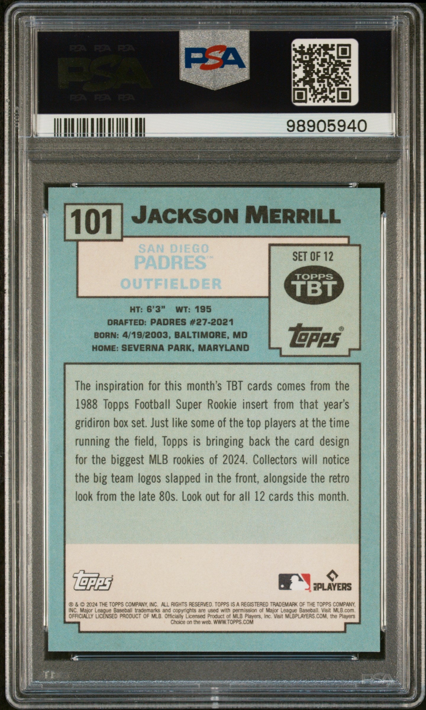 Jackson Merrill 2024 Topps Throwback Thursday #101 Limited Edition Rookie PSA 10