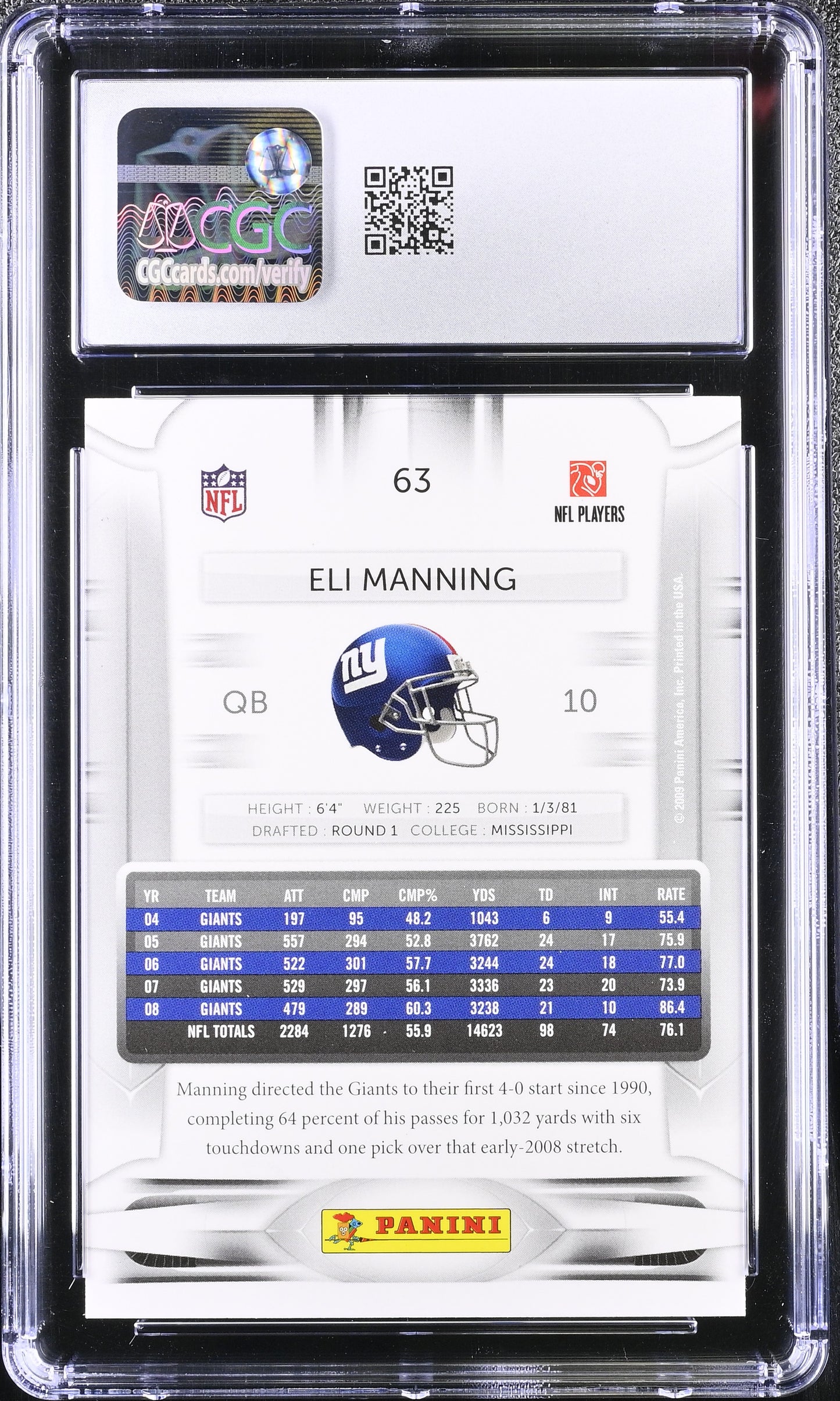 Eli Manning 2009 Playoff Prestige #63 CGC 10