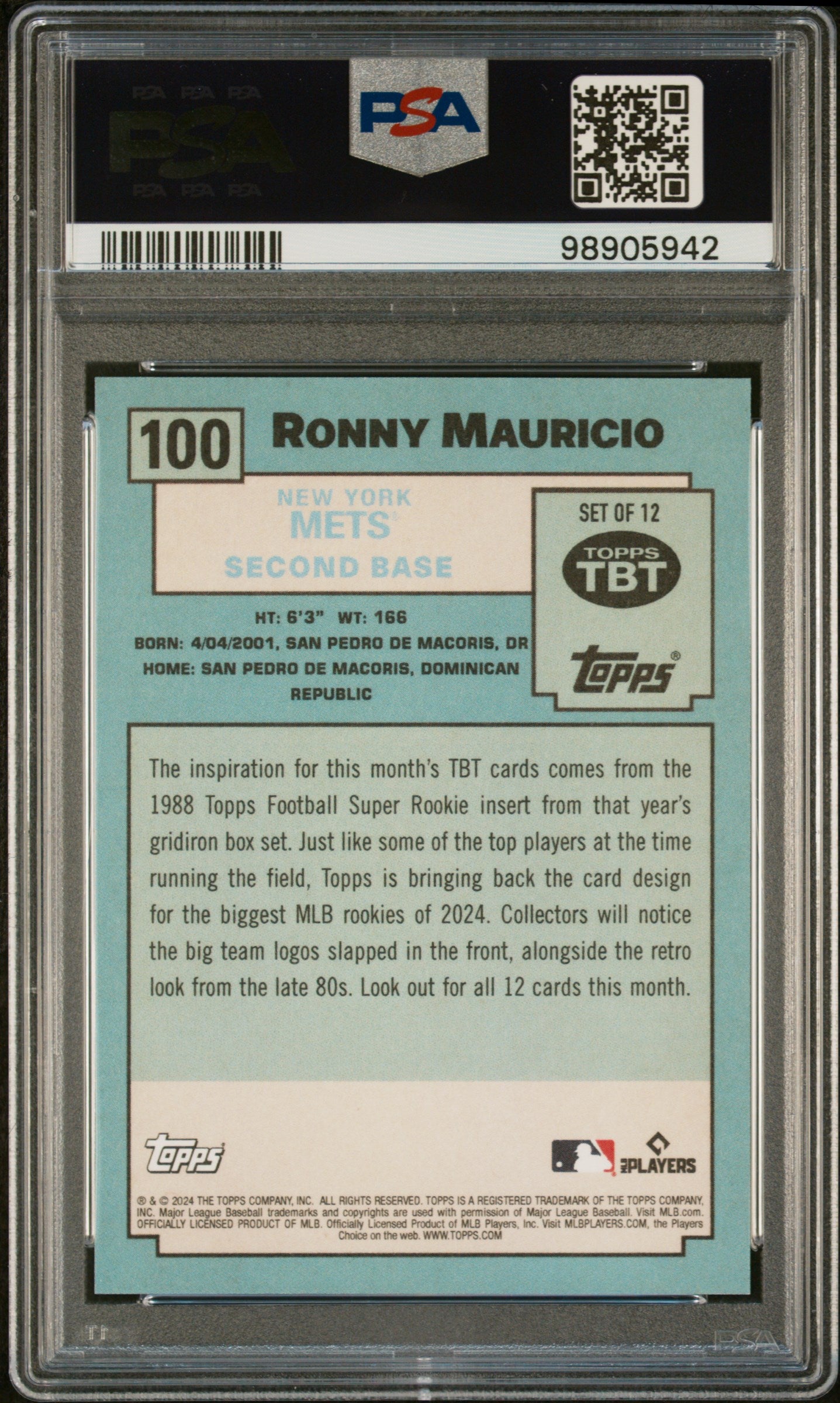 Ronny Mauricio 2024 Topps Throwback Thursday #100 Rookie PSA 9