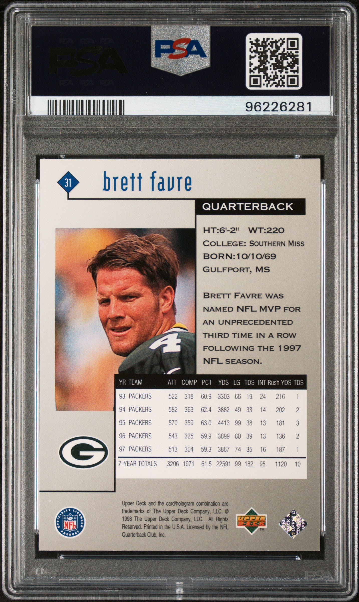 Brett Favre 1998 Upper Deck Black Diamond Rookies #31 PSA 8