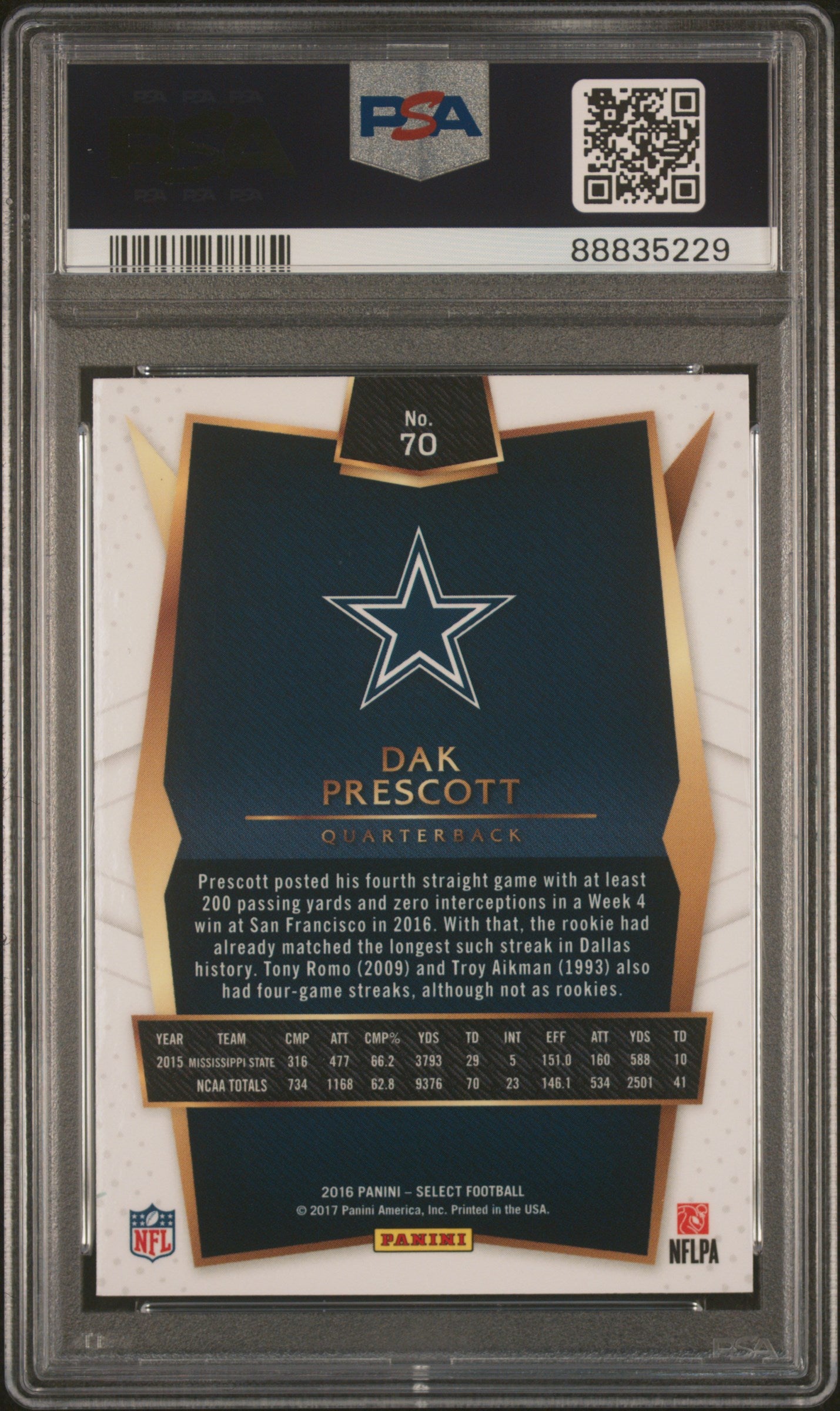 Dak Prescott 2016 Panini Select #70 Rookie PSA 10