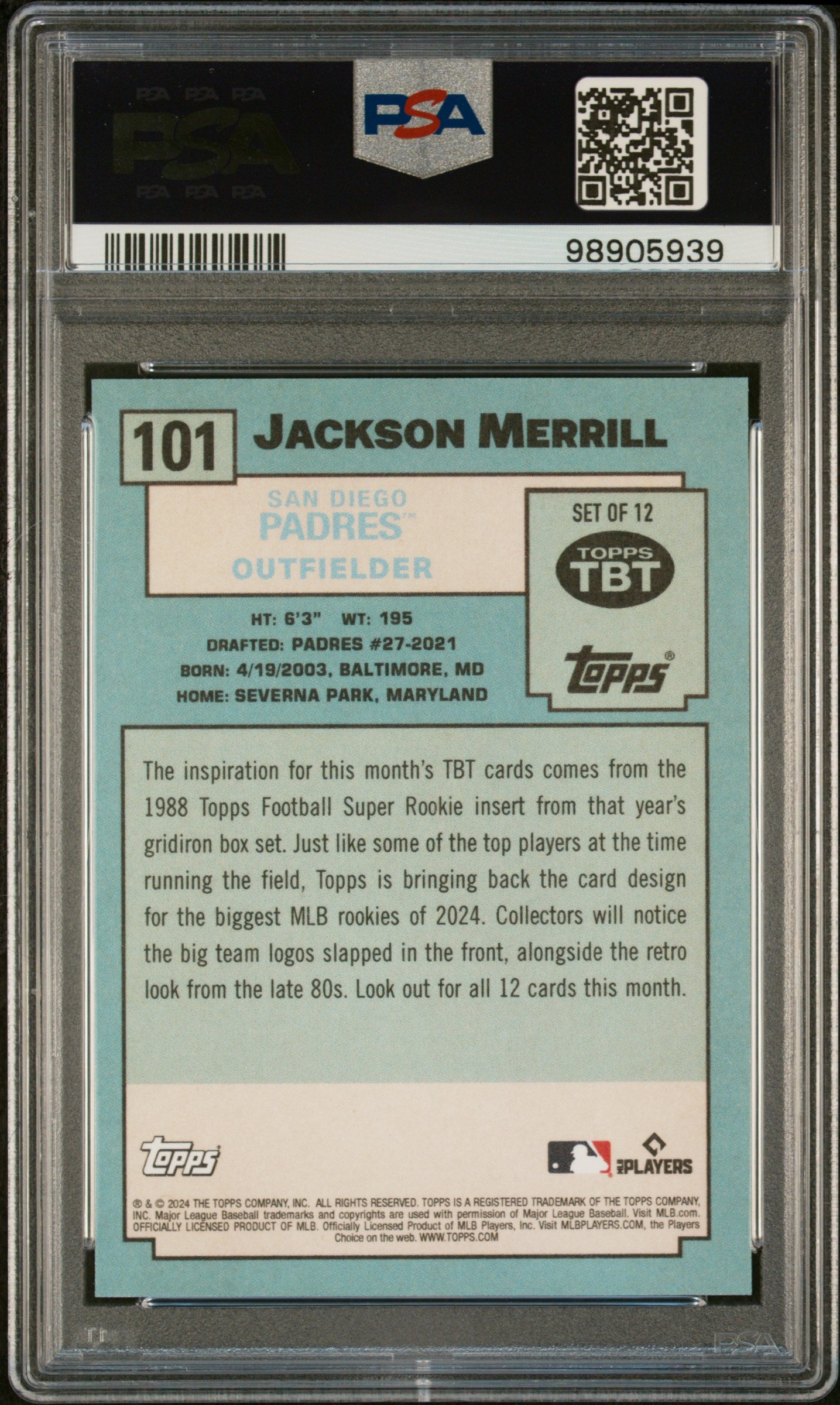 Jackson Merrill 2024 Topps Throwback Thursday #101 Rookie PSA 10