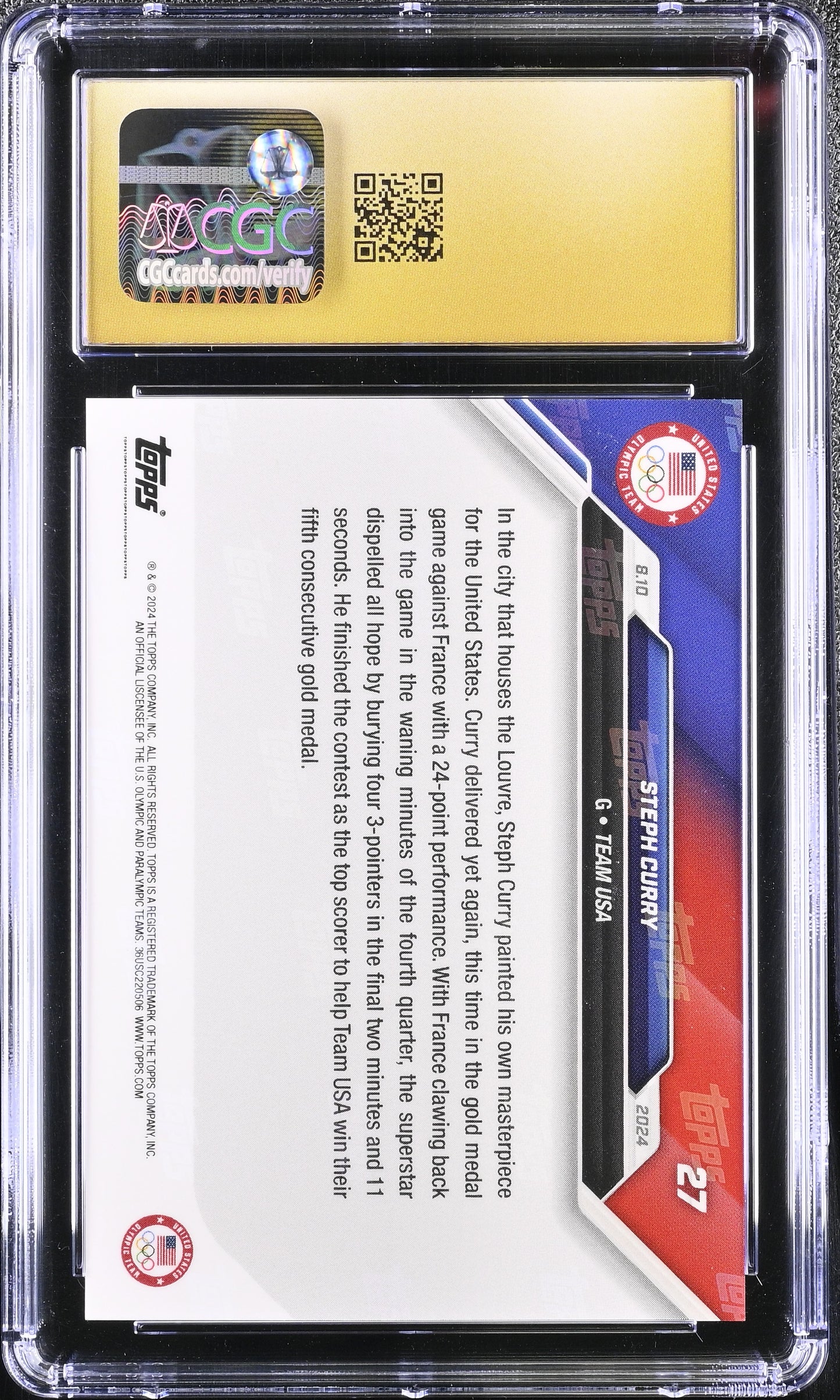 2024 Topps Now Olympic Games Steph Curry #27 Gold Label Pristine CGC 10