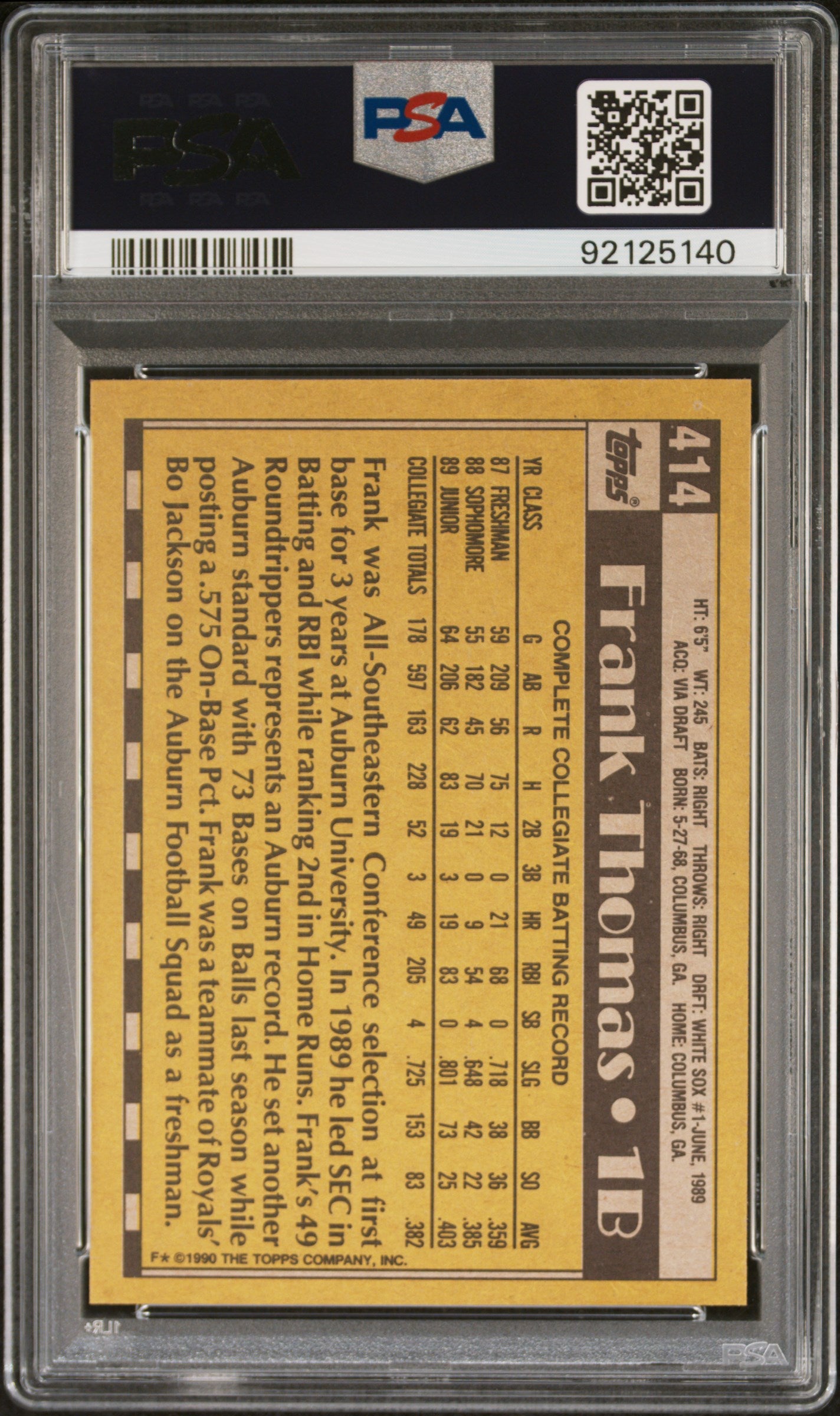 Frank Thomas 1990 Topps #414 Rookie PSA 9