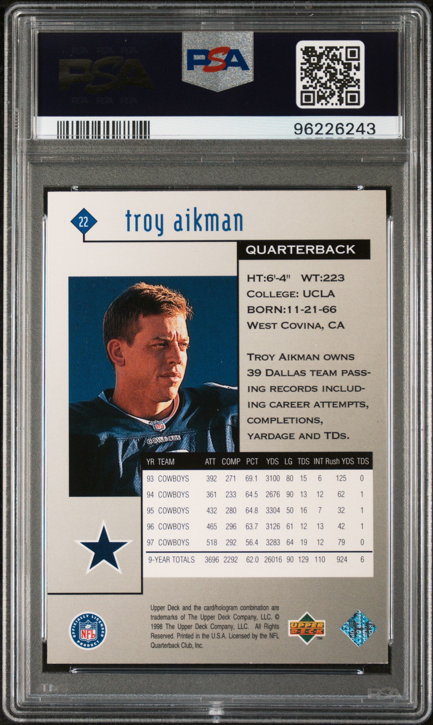 Troy Aikman 1998 Upper Deck Black Diamond Rookies #22 PSA 7