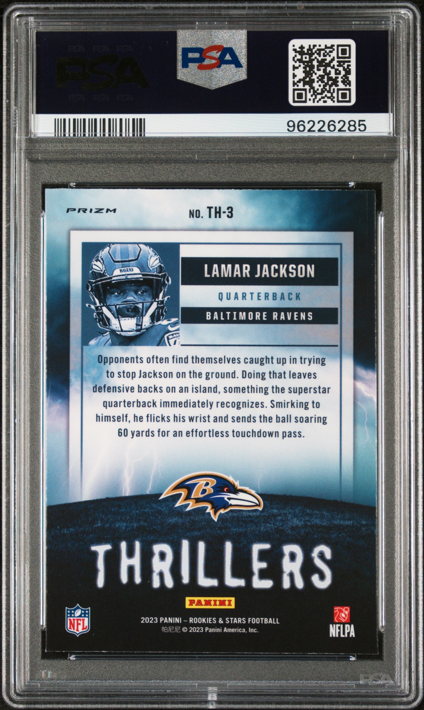 Lamar Jackson 2023 Panini Rookies & Stars Thrillers #TH3 PSA 8