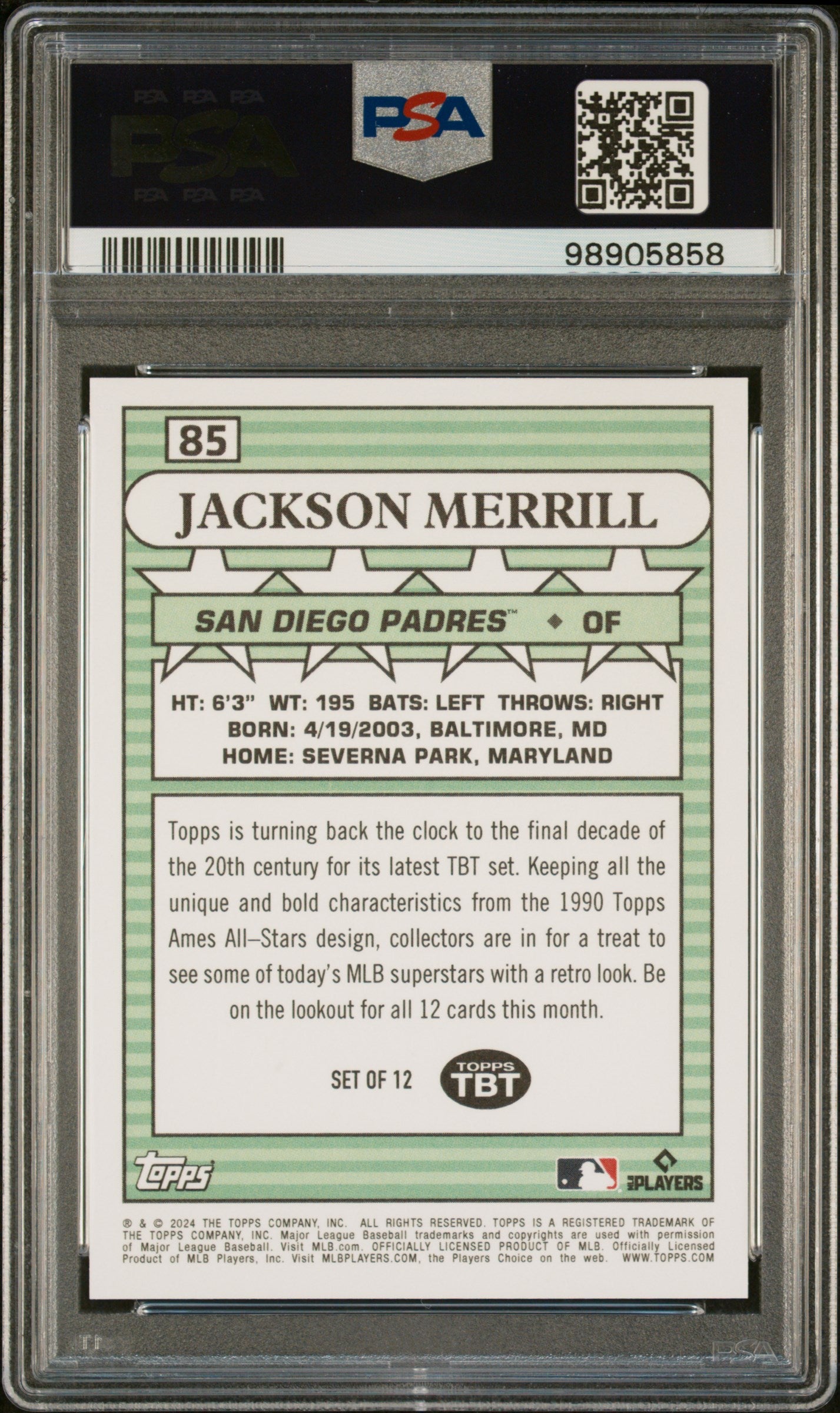 Jackson Merrill 2024 Topps Throwback Thursday #85 limited Rookie PSA 10